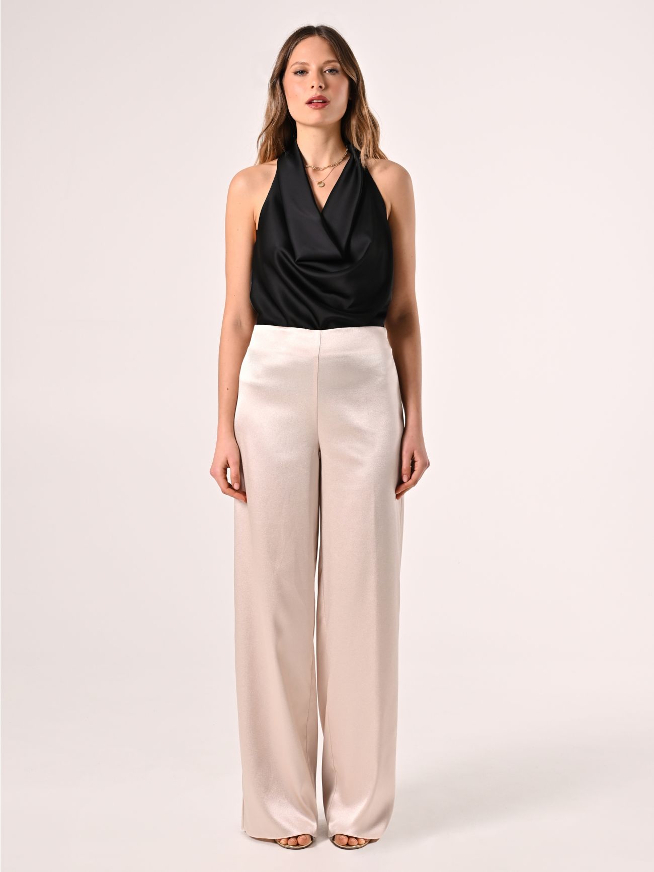 Pantaloni in Raso Strutturato Beige det_1