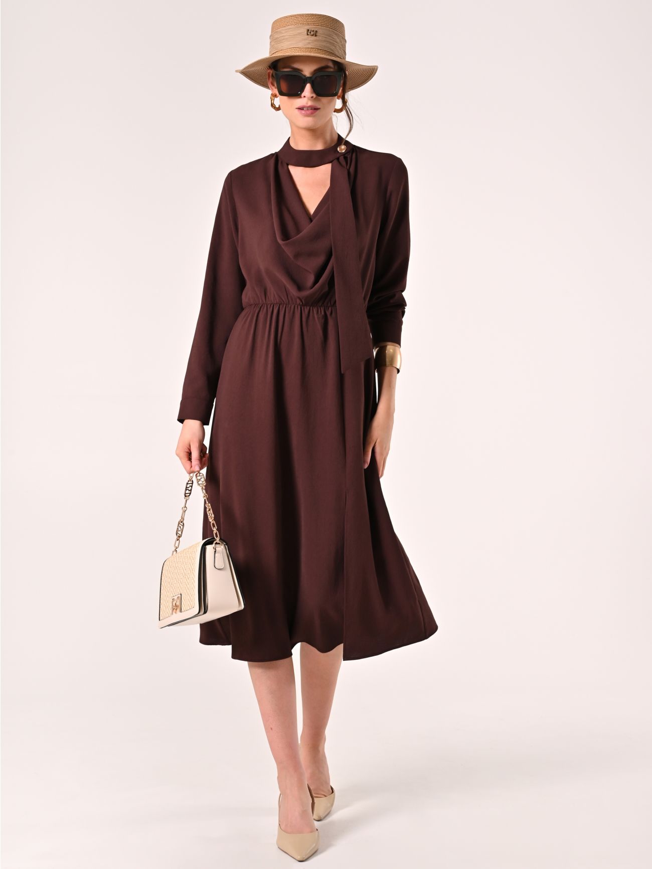 Robe midi couleur chocolat effet gaufrée sp_e1