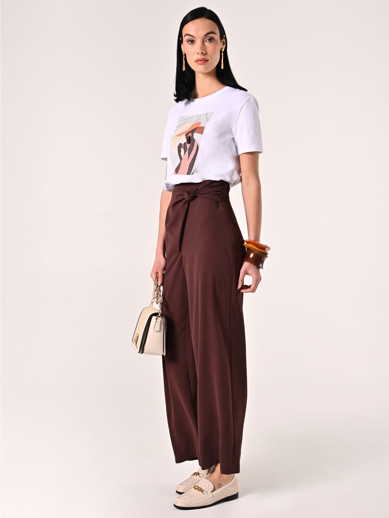 Pantaloni Marrone Cioccolato con Nodo effetto Goffrato  Rinascimento