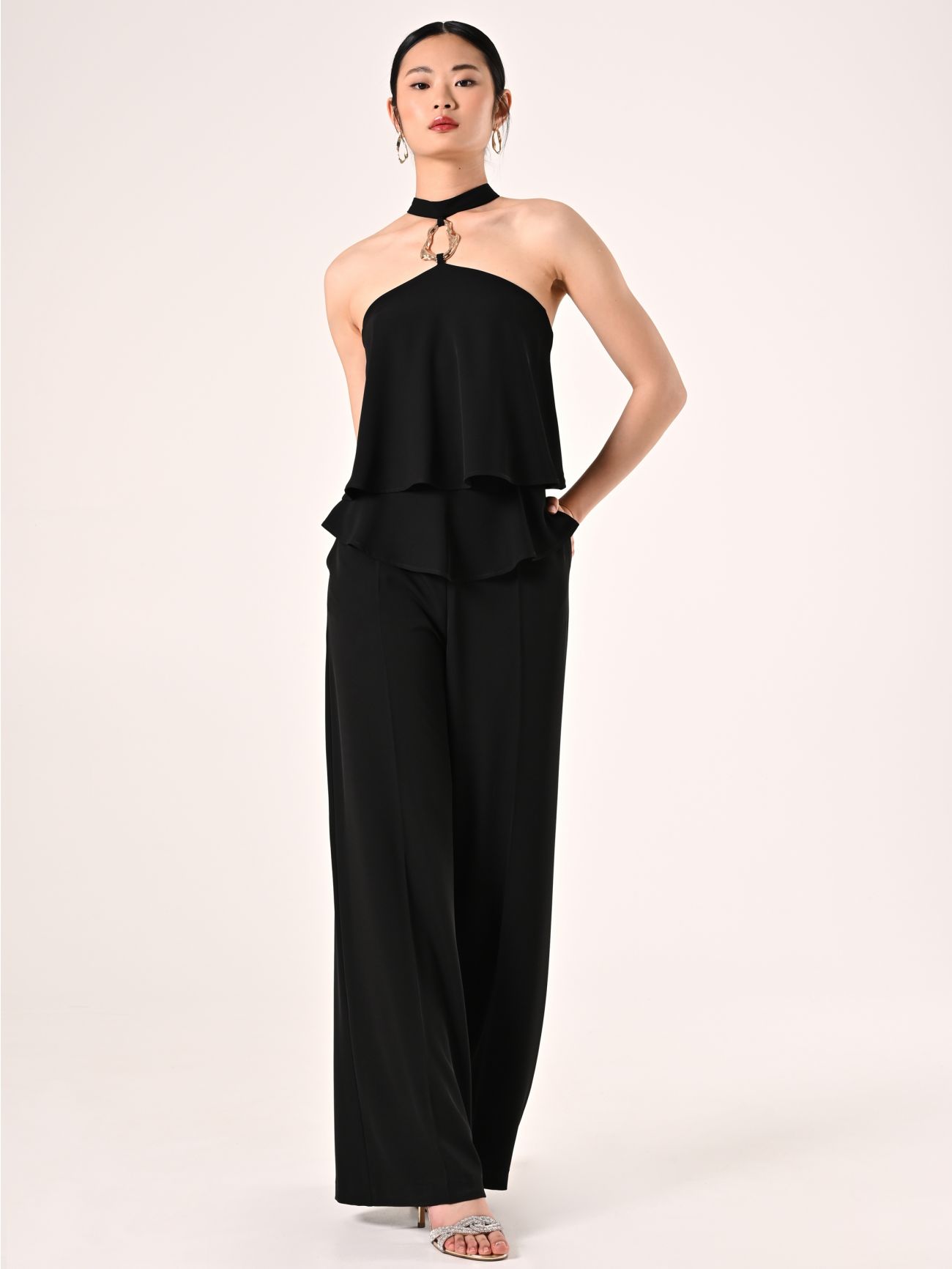 Black Flouncy Jumpsuit with Jewel Detail in_i7