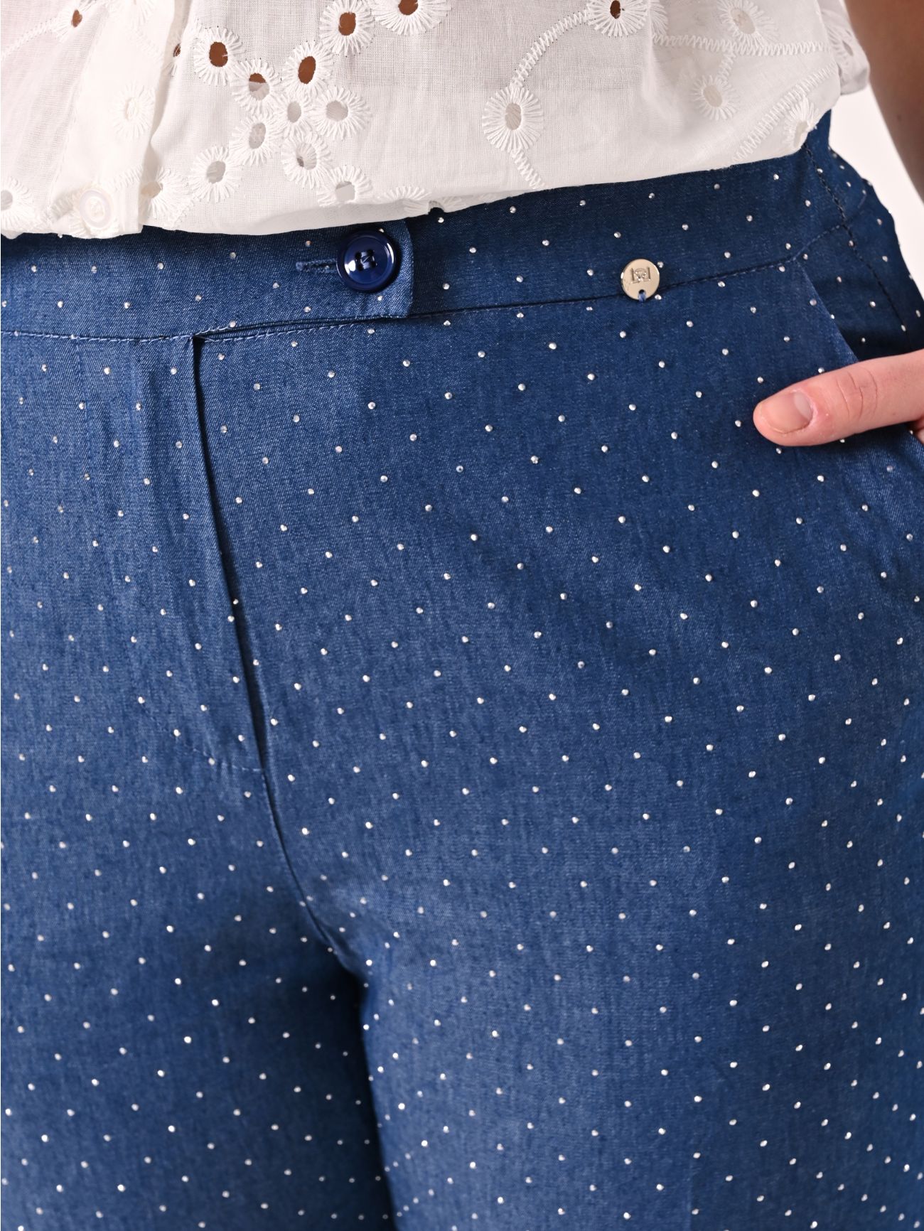 Curvy Chambray Trousers with Rhinestones in_i5