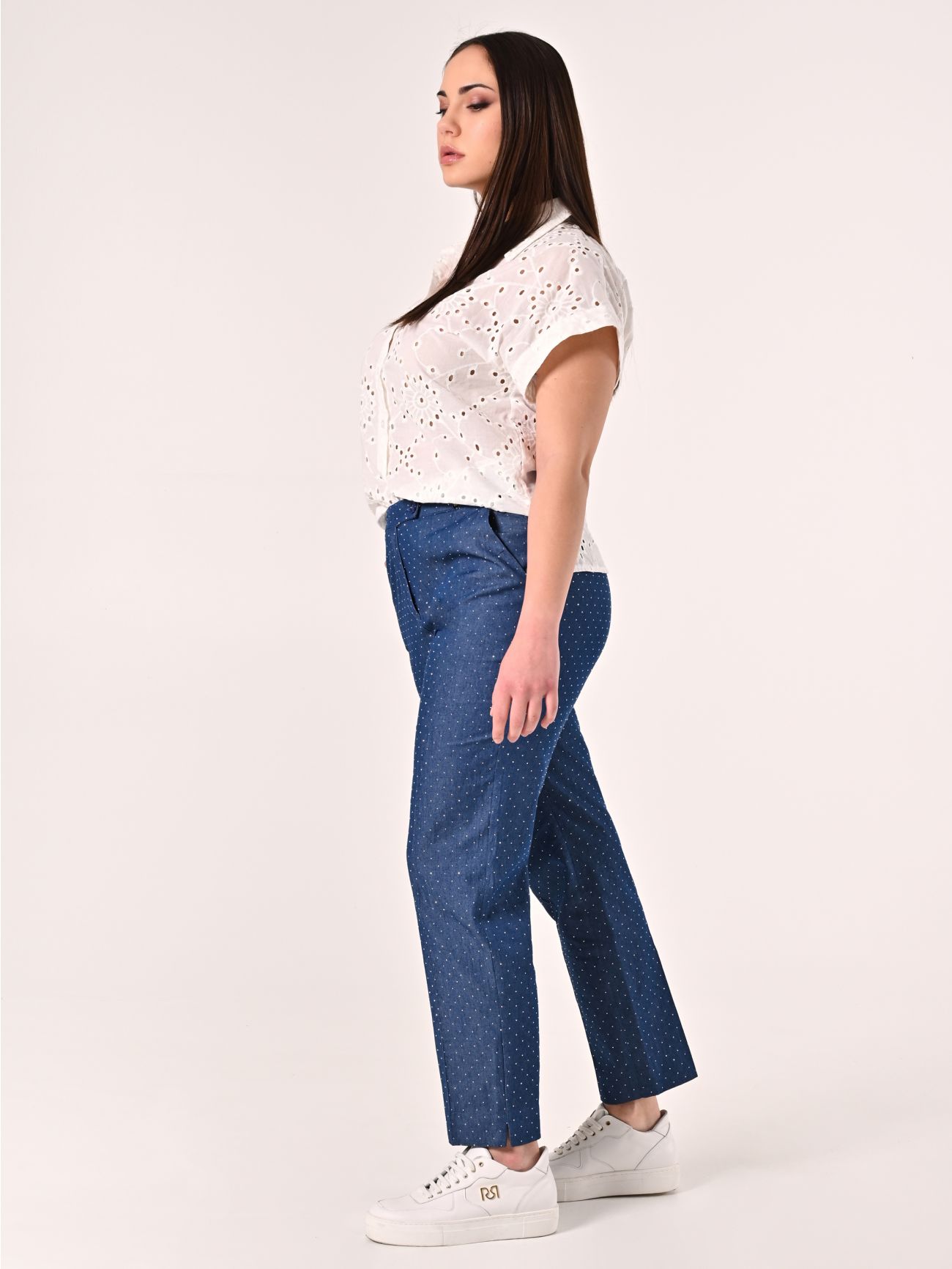 Curvy Chambray Trousers with Rhinestones in_i7