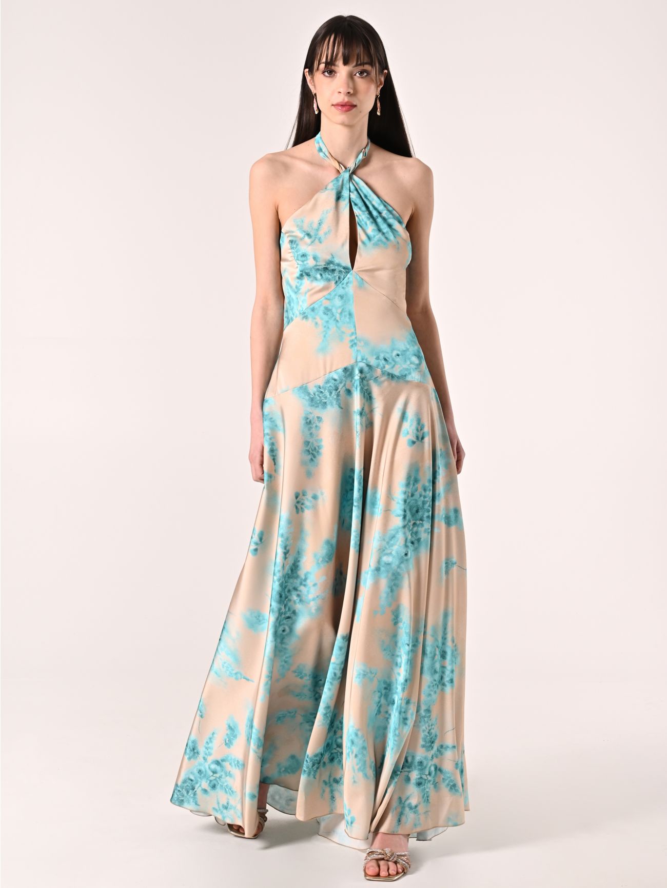 Robe longue imprimé abstrait beige foncé et vert d’eau in_i7