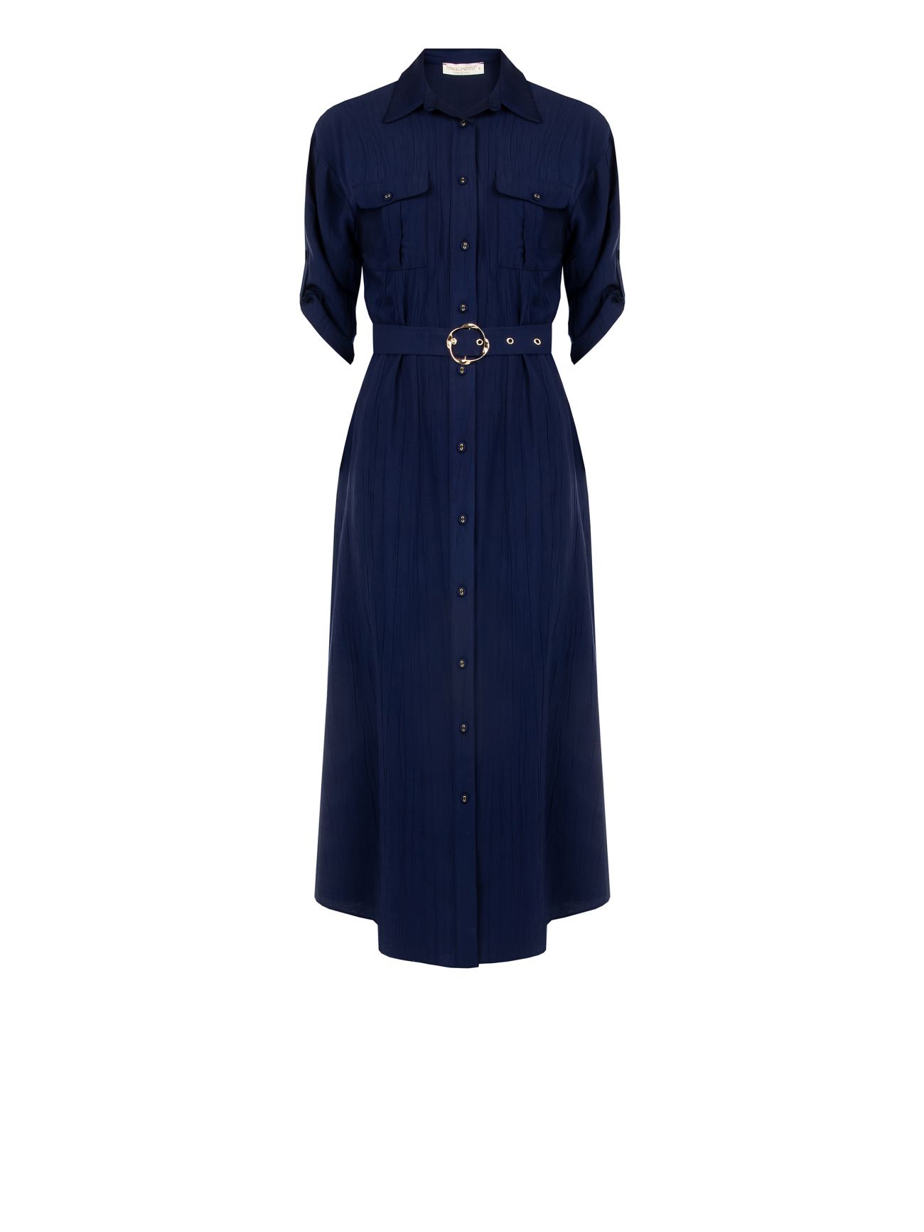 Robe chemise bleu marine en viscose mélangée effet froissée det_4