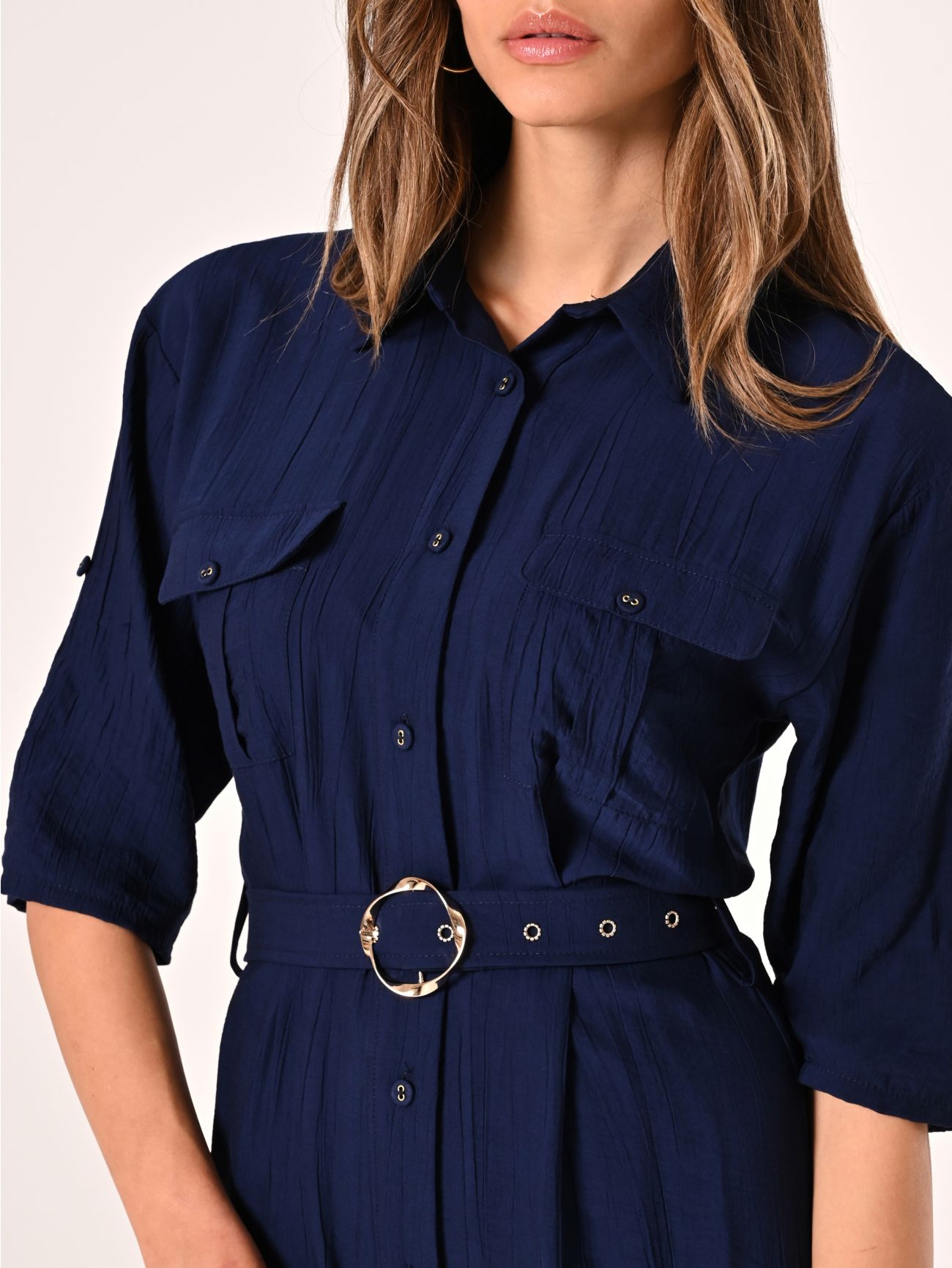 Chemisier Blu Navy in Misto Viscosa effetto Crinkle in_i5