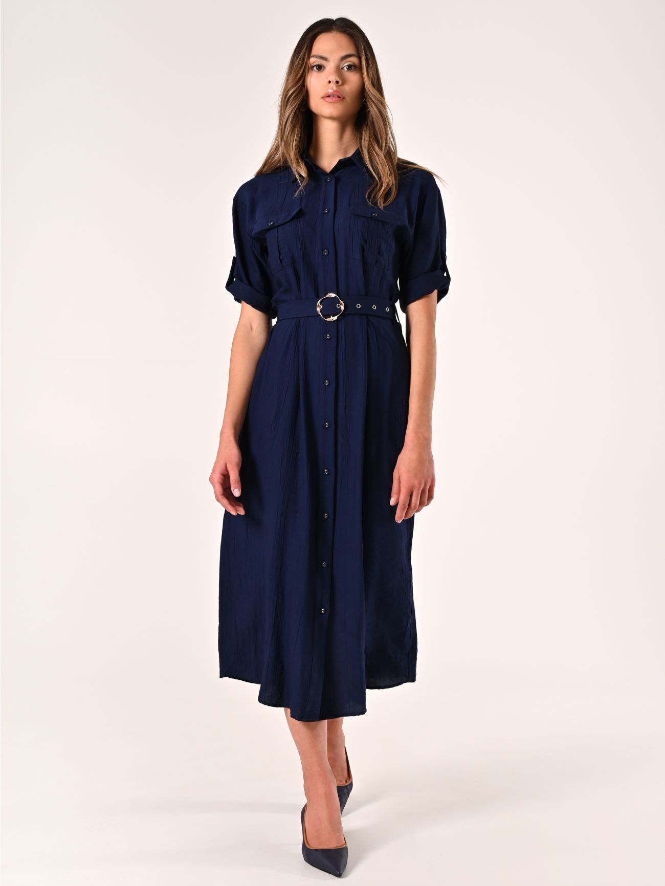 Chemisier Blu Navy in Misto Viscosa effetto Crinkle in_i7