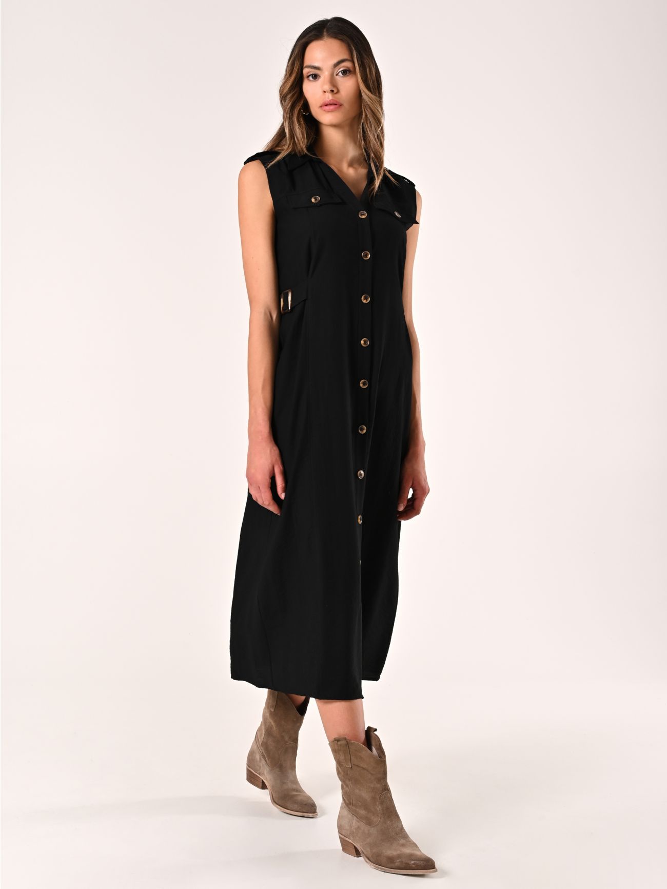 Black Shirt Dress with Horn-effect Buttons in_i7