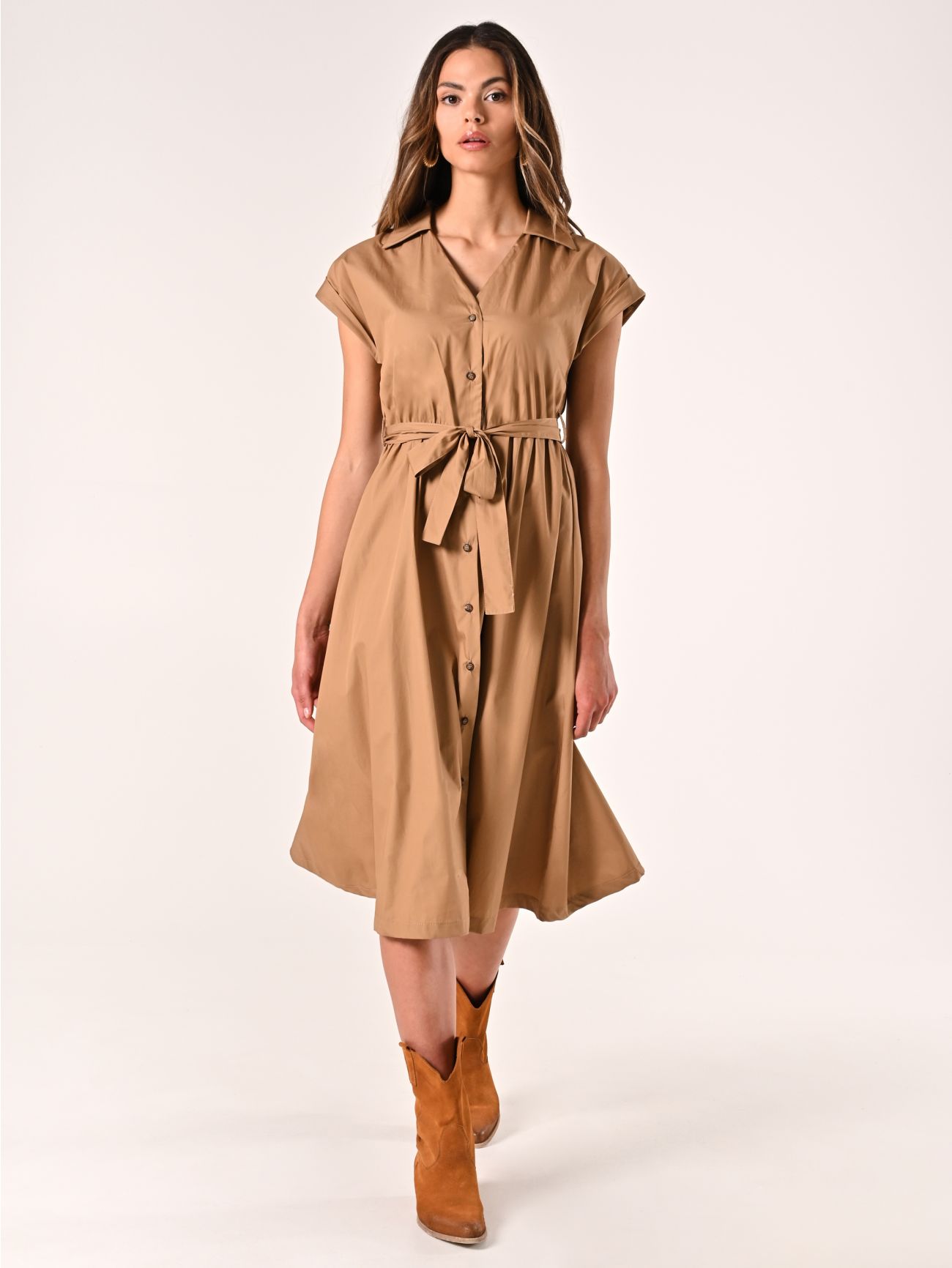 Tobacco Brown Cotton Shirt Dress in_i7