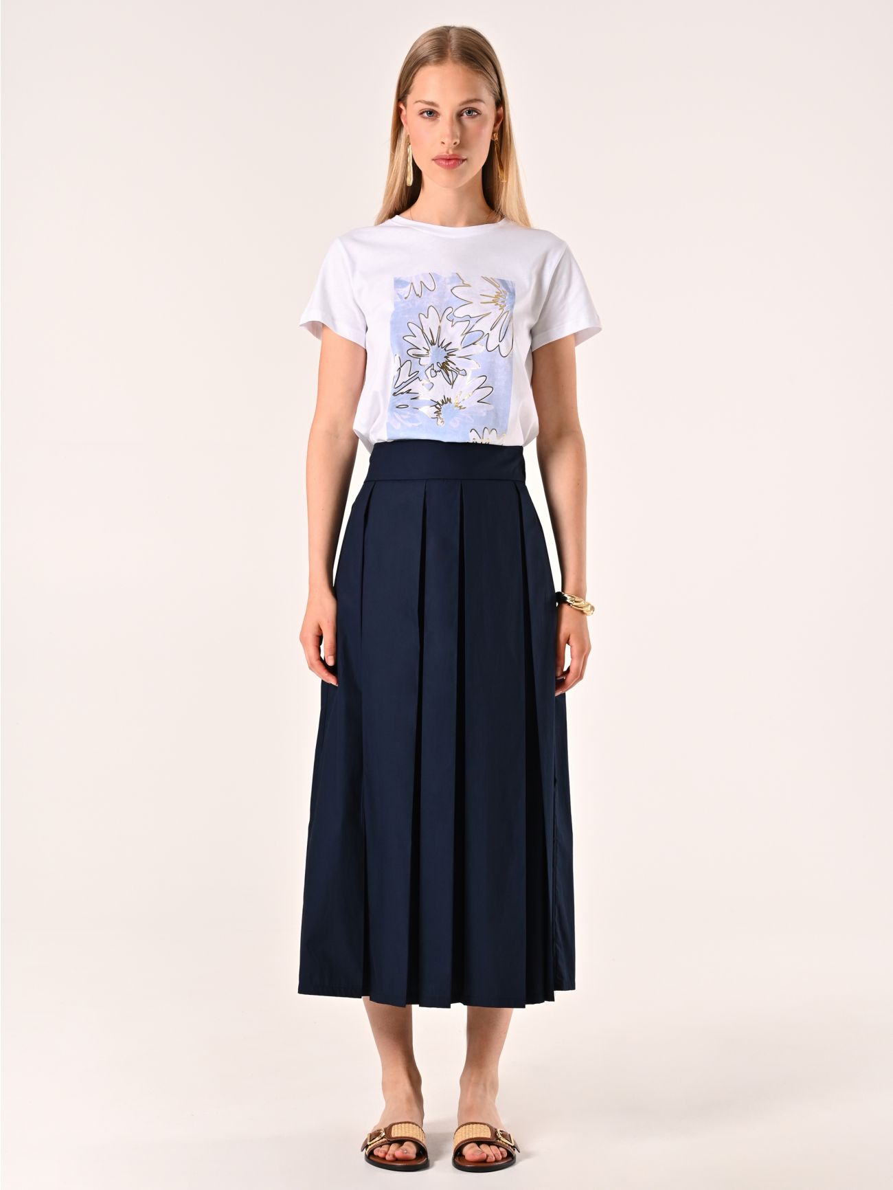 Gonna Midi a Ruota in Cotone Blu det_1