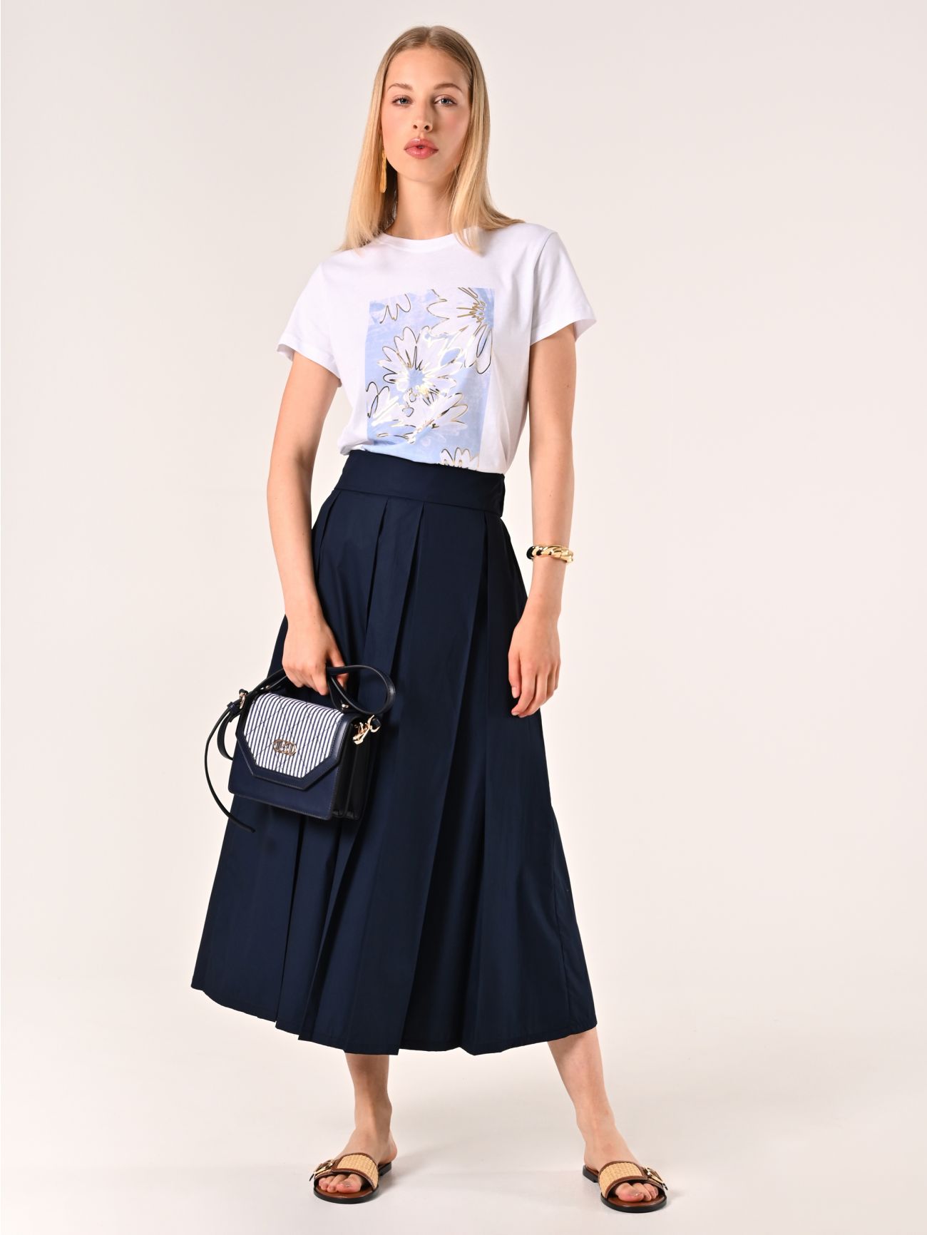 Gonna Midi a Ruota in Cotone Blu sp_e1