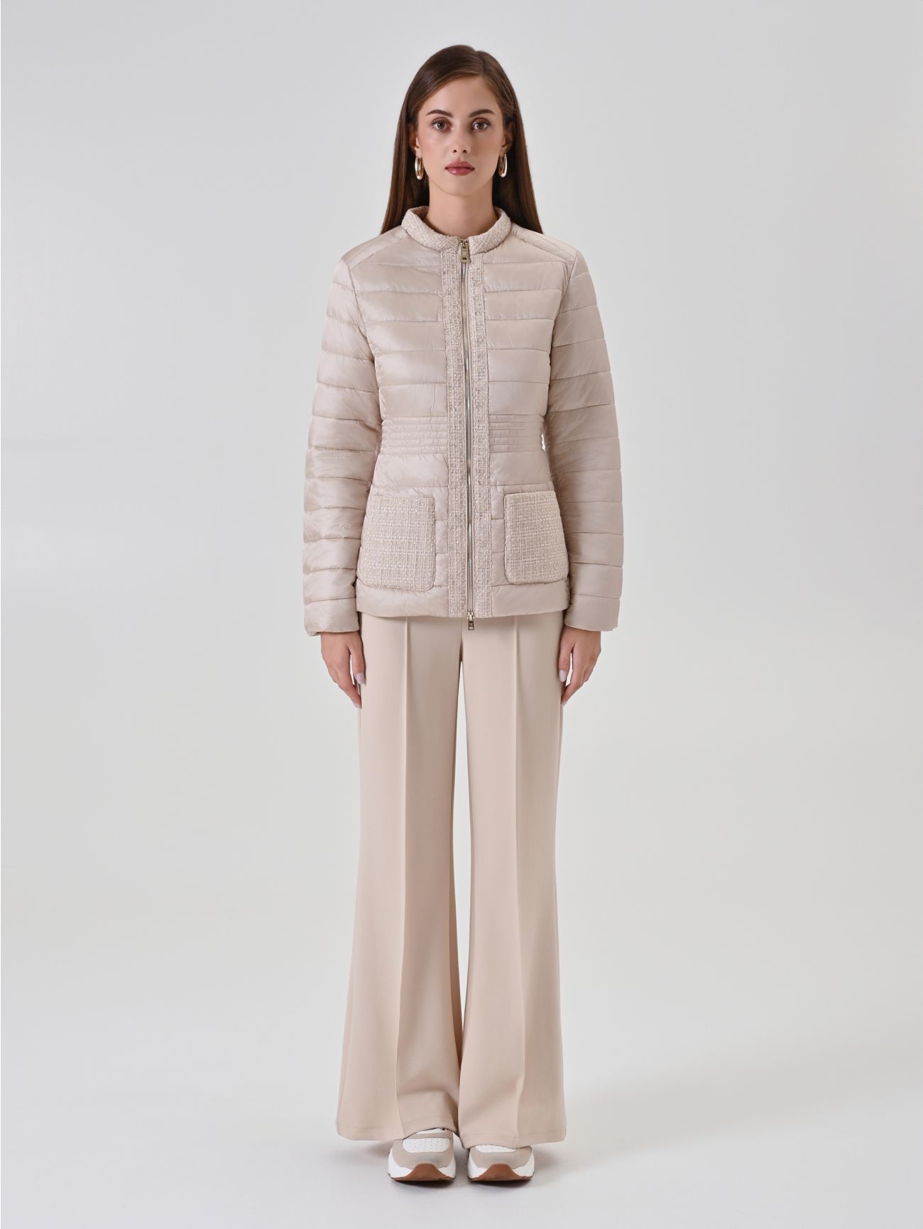 Lightweight beige puffer jacket with lurex tweed detailing det_1
