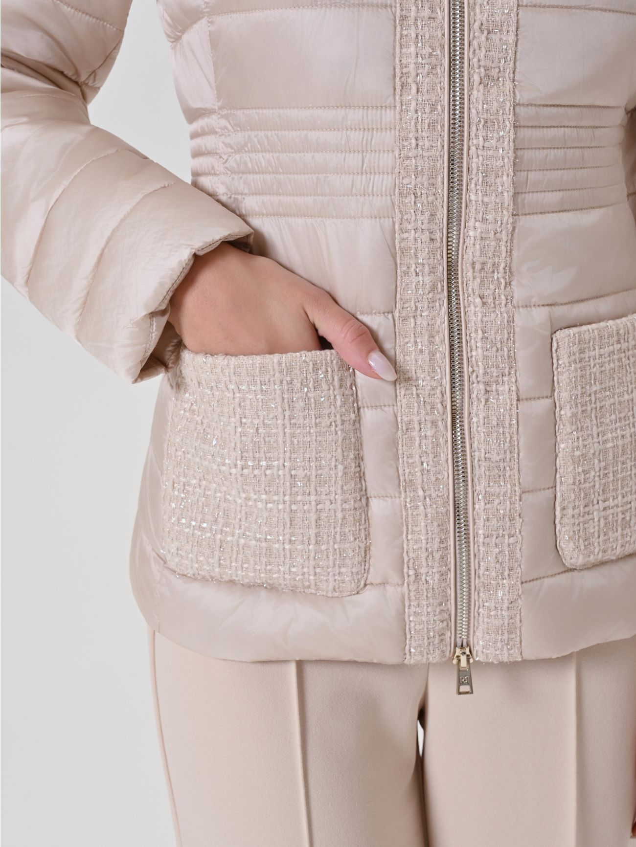 Lightweight beige puffer jacket with lurex tweed detailing in_i5