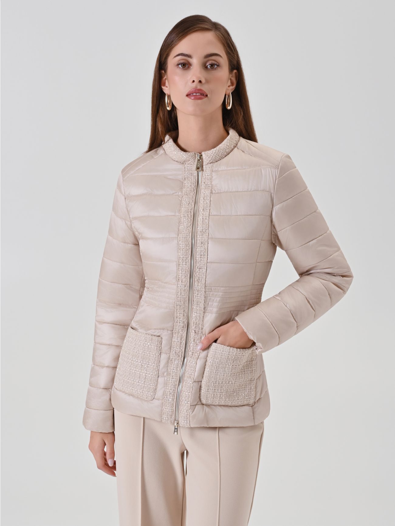 Lightweight beige puffer jacket with lurex tweed detailing in_i7