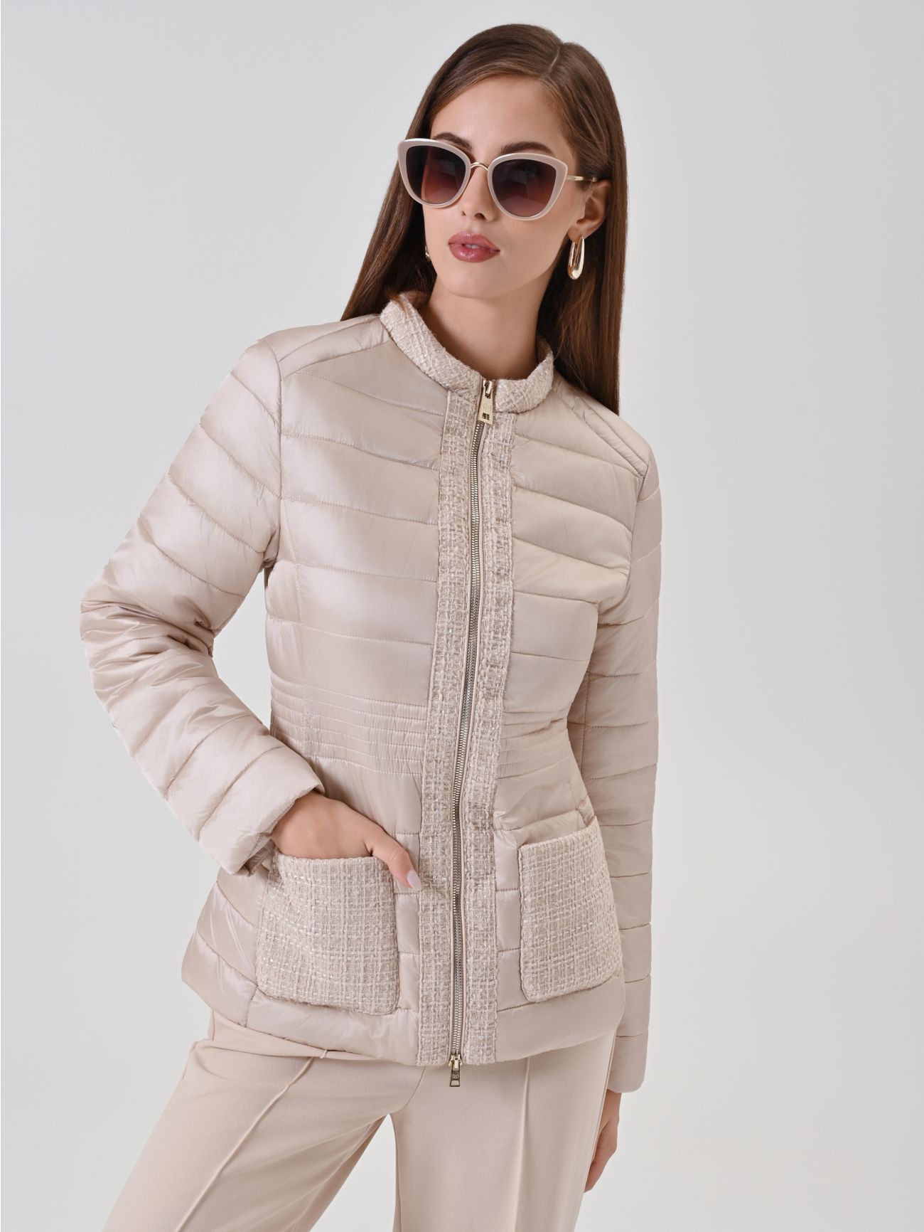 Lightweight beige puffer jacket with lurex tweed detailing  Rinascimento