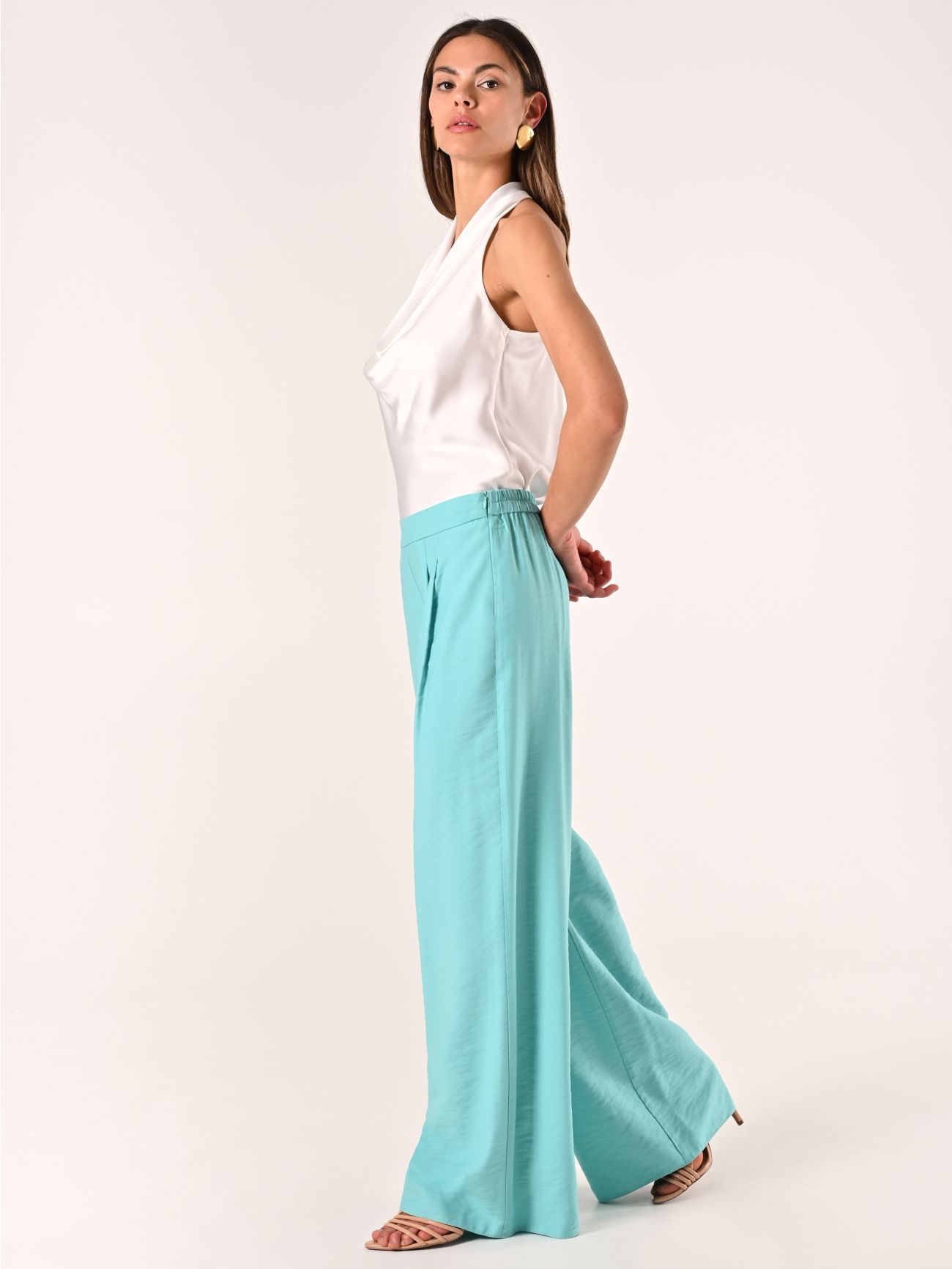 Aqua Green Wide Trousers in Crinkled Viscose Blend in_i7