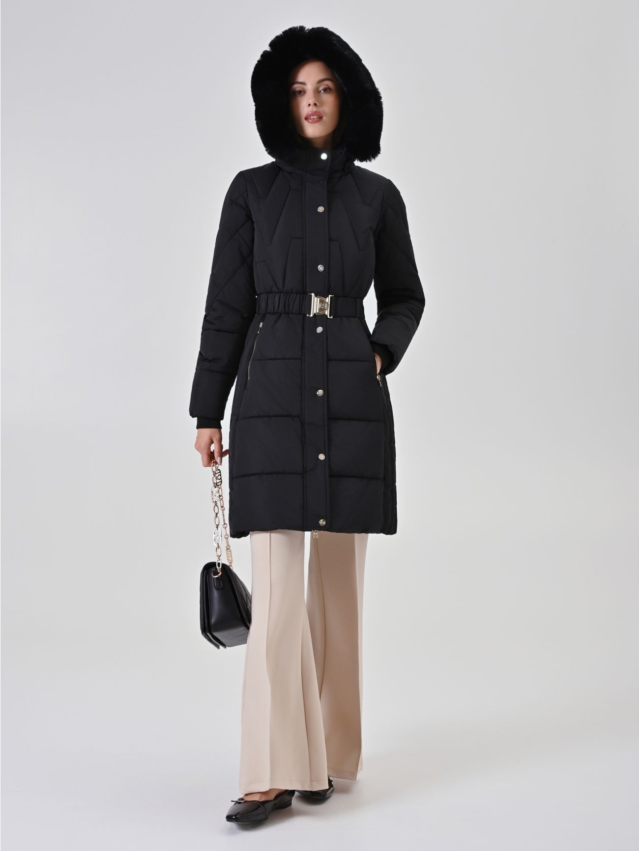 Black quilted belted puffer jacket  Rinascimento