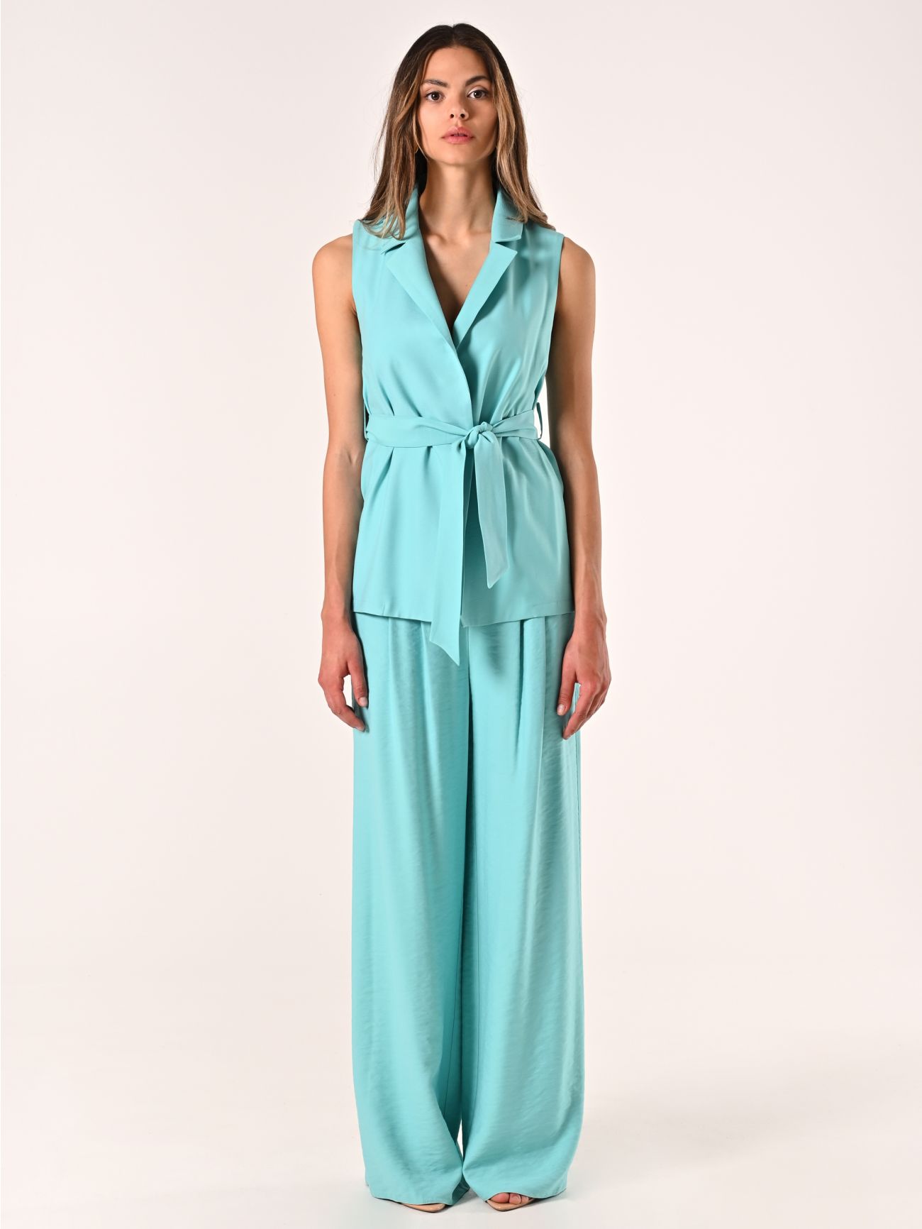 Aqua Green Waistcoat in Crinkled Viscose Blend with Belt det_1