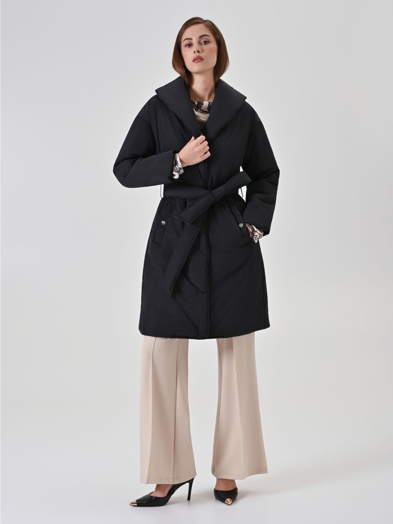 Black Belted Robe Puffer Jacket in_i7