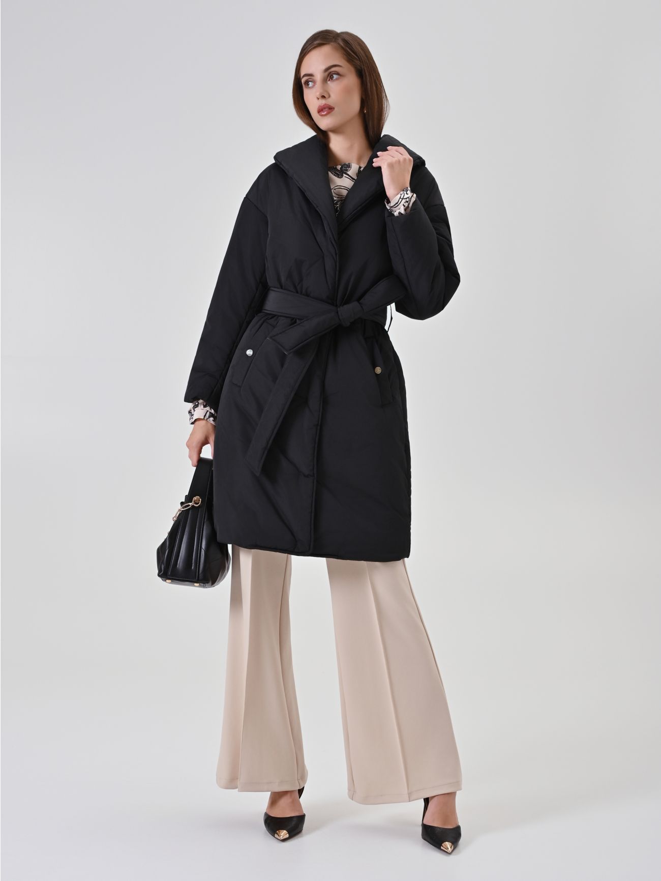 Black Belted Robe Puffer Jacket  Rinascimento