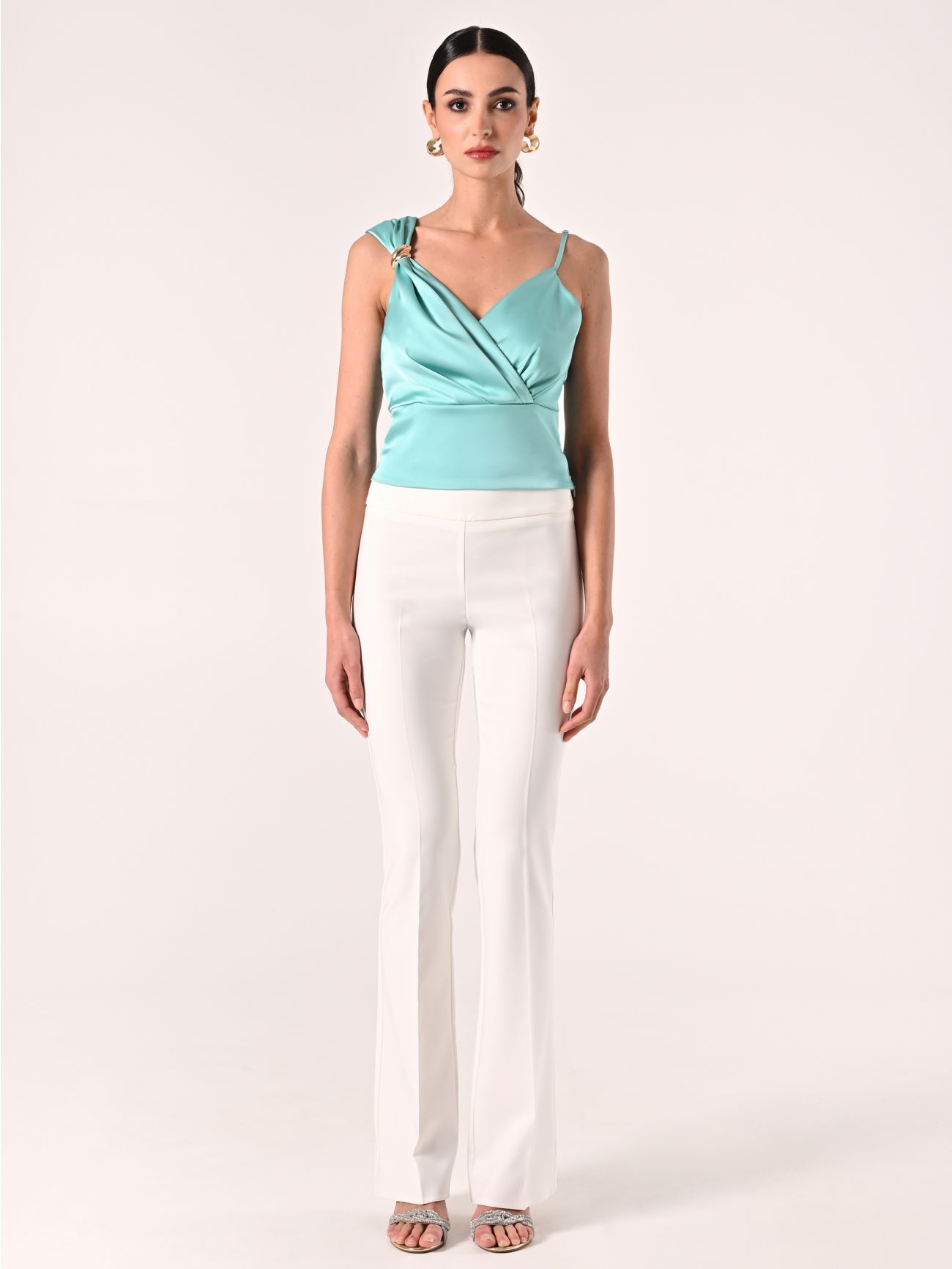 Aqua Green One-shoulder Top with Gold Decorations det_1