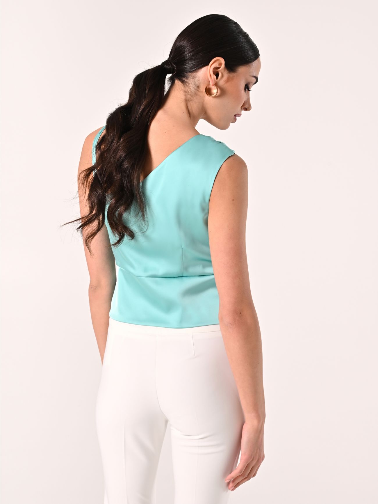 Aqua Green One-shoulder Top with Gold Decorations det_3