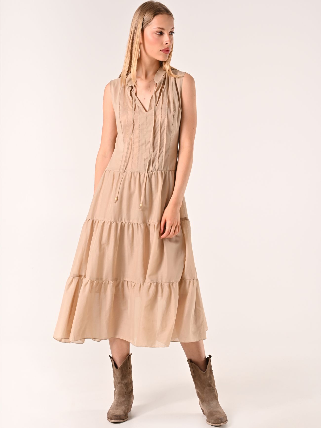 Abito a Balze Beige in Cotone in_i7