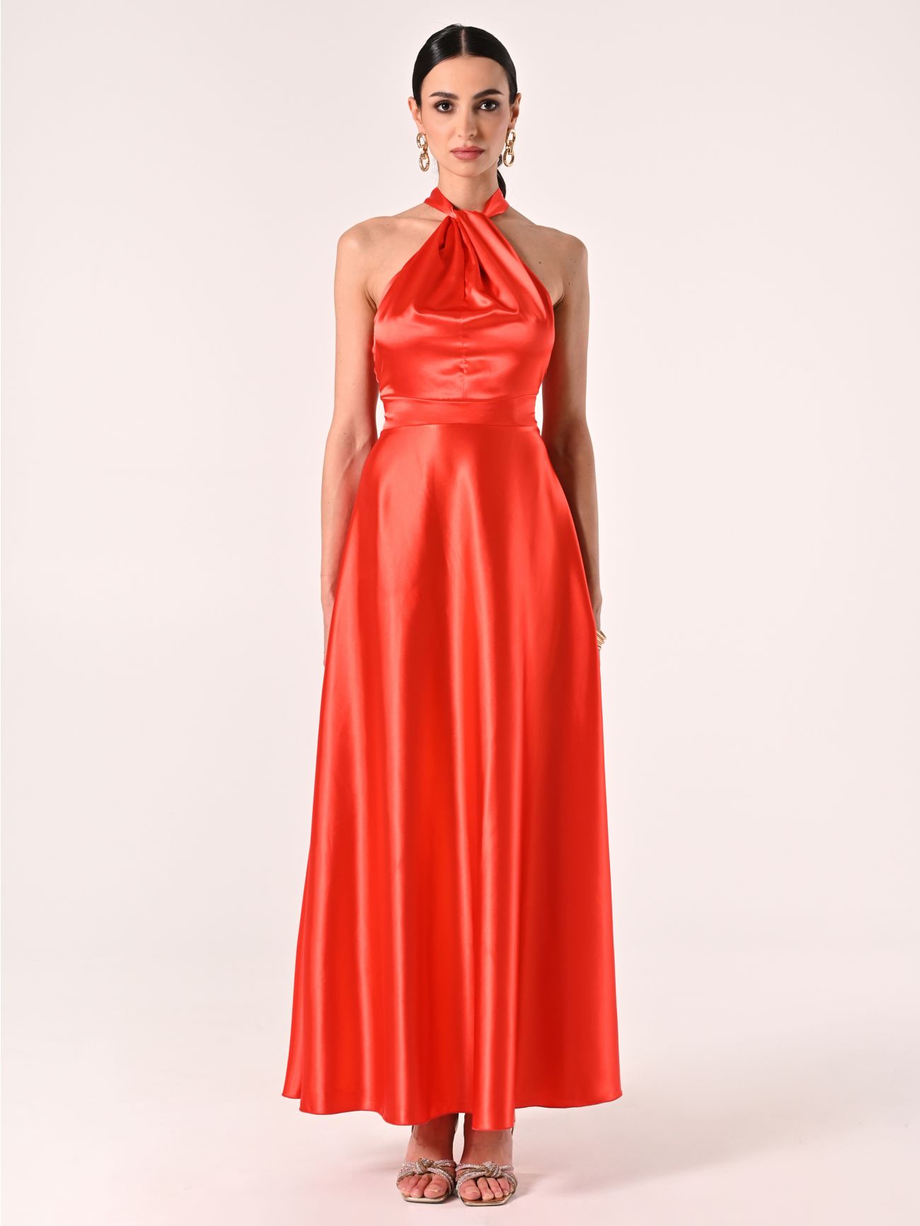 Robe longue orange en satin det_1