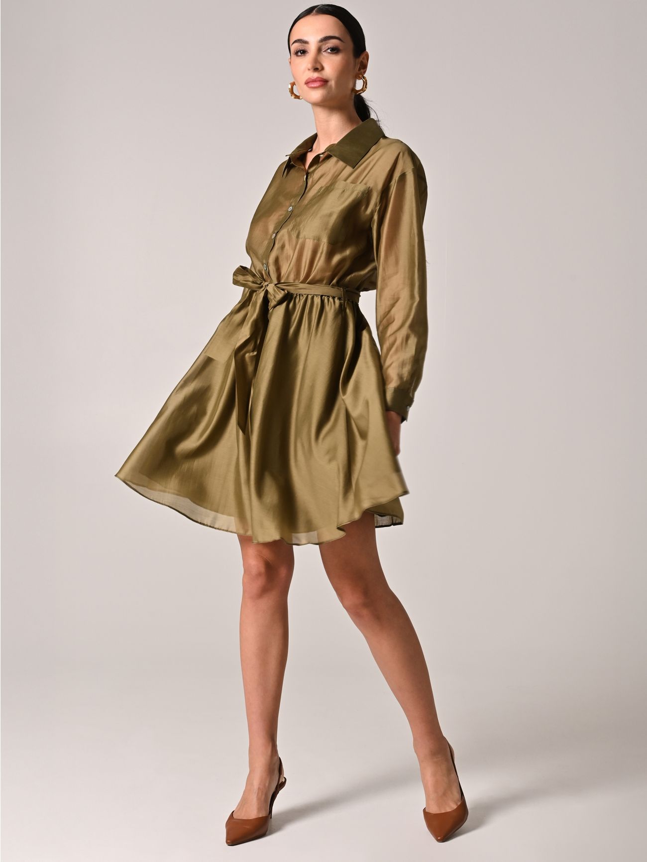 Vestido de organza de viscosa verde militar in_i7