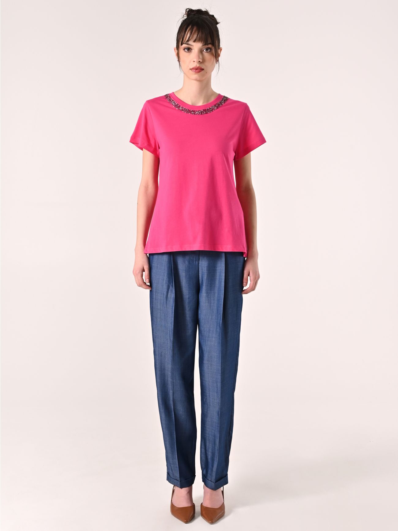 T-Shirt in Cotone Fuxia con Pietre det_1