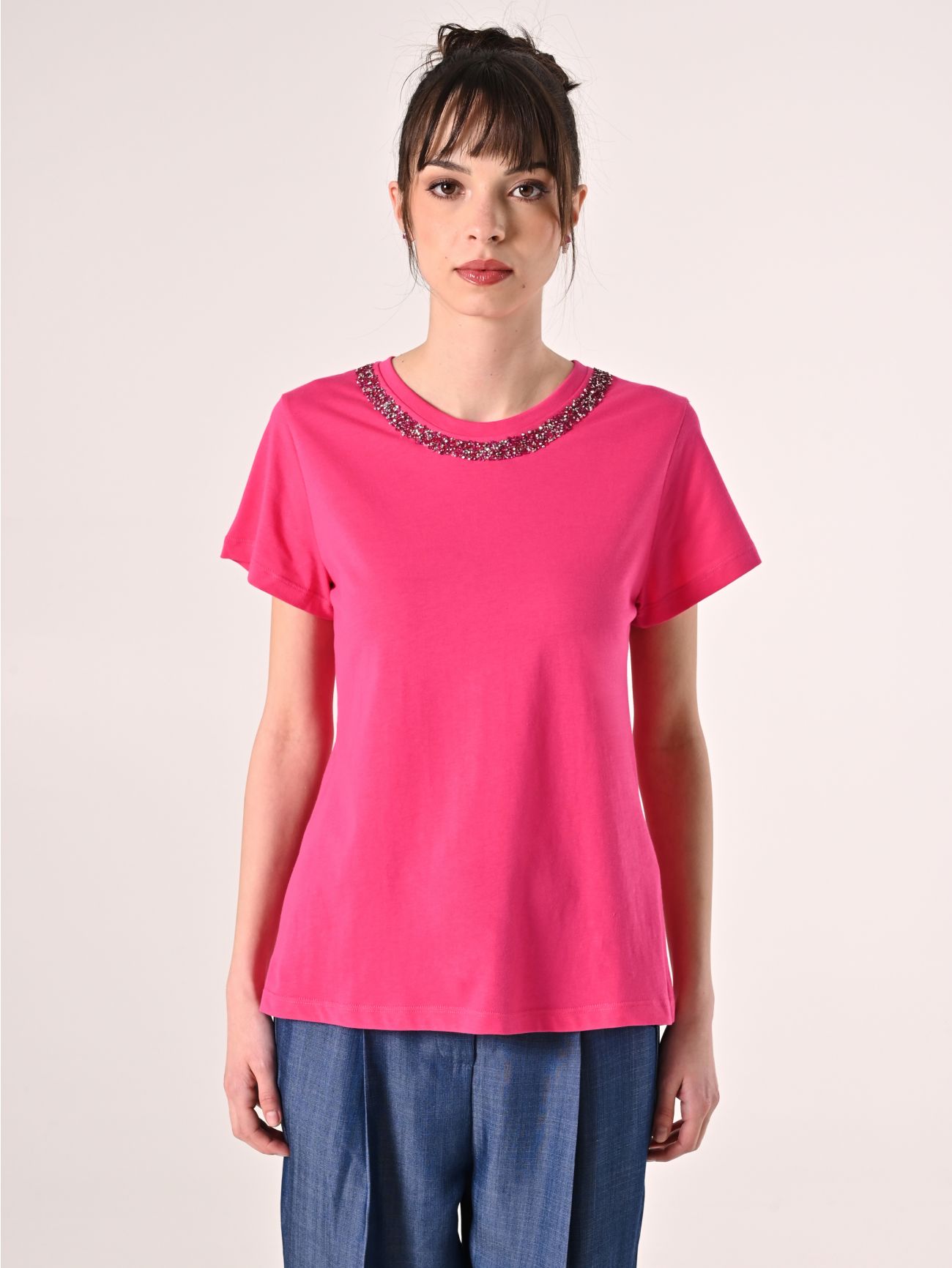 T-Shirt in Cotone Fuxia con Pietre det_2