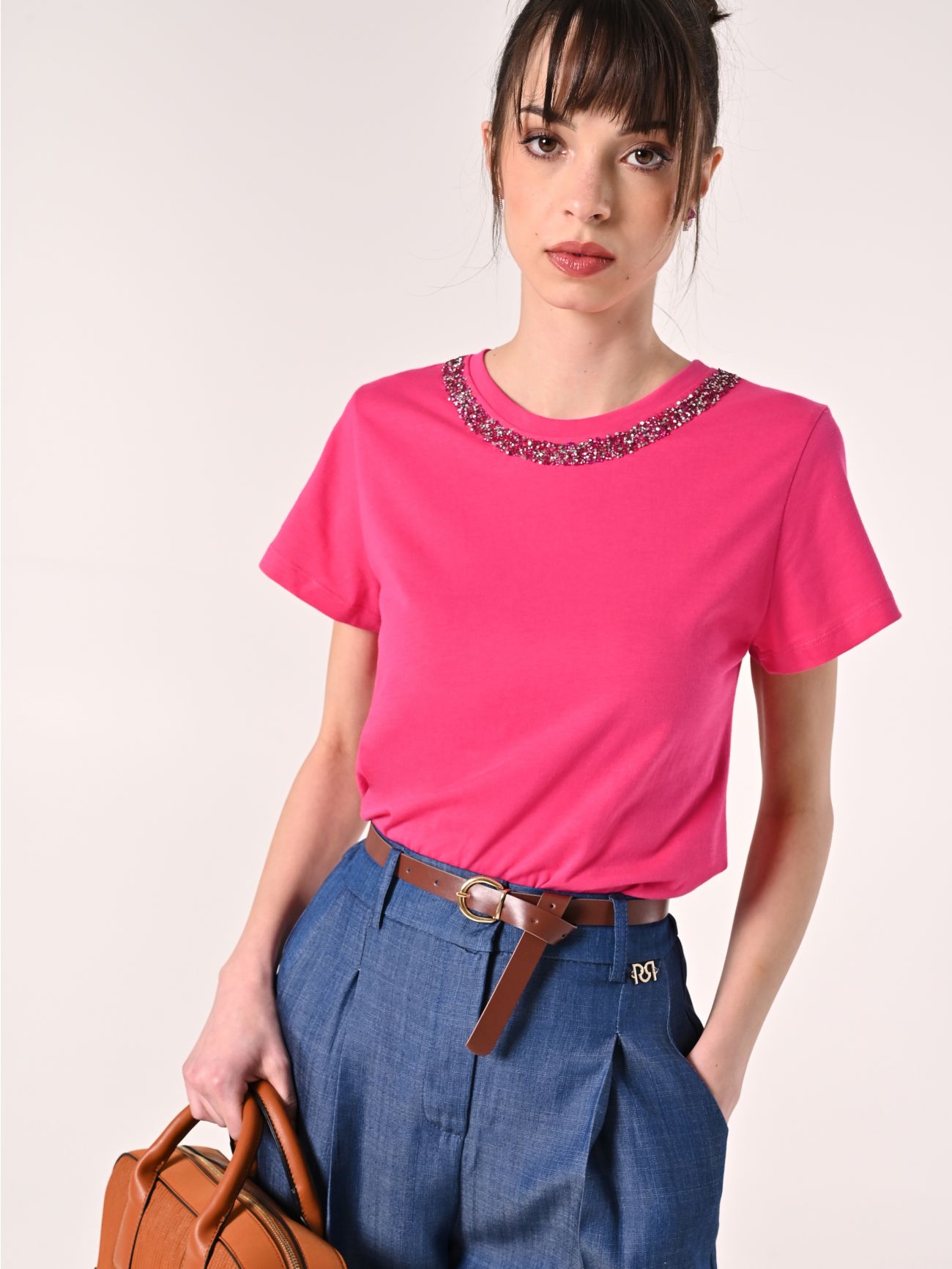 T-Shirt in Cotone Fuxia con Pietre sp_e1