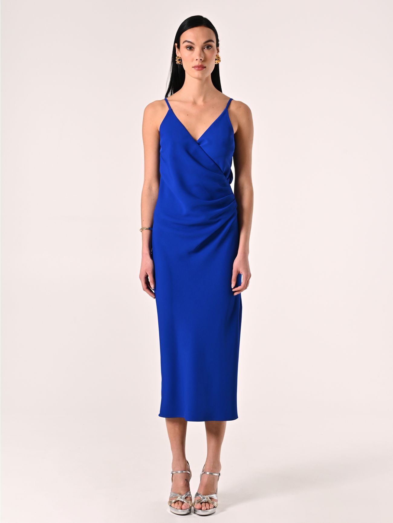 Vestido azul china con escote cruzado y drapeado det_1