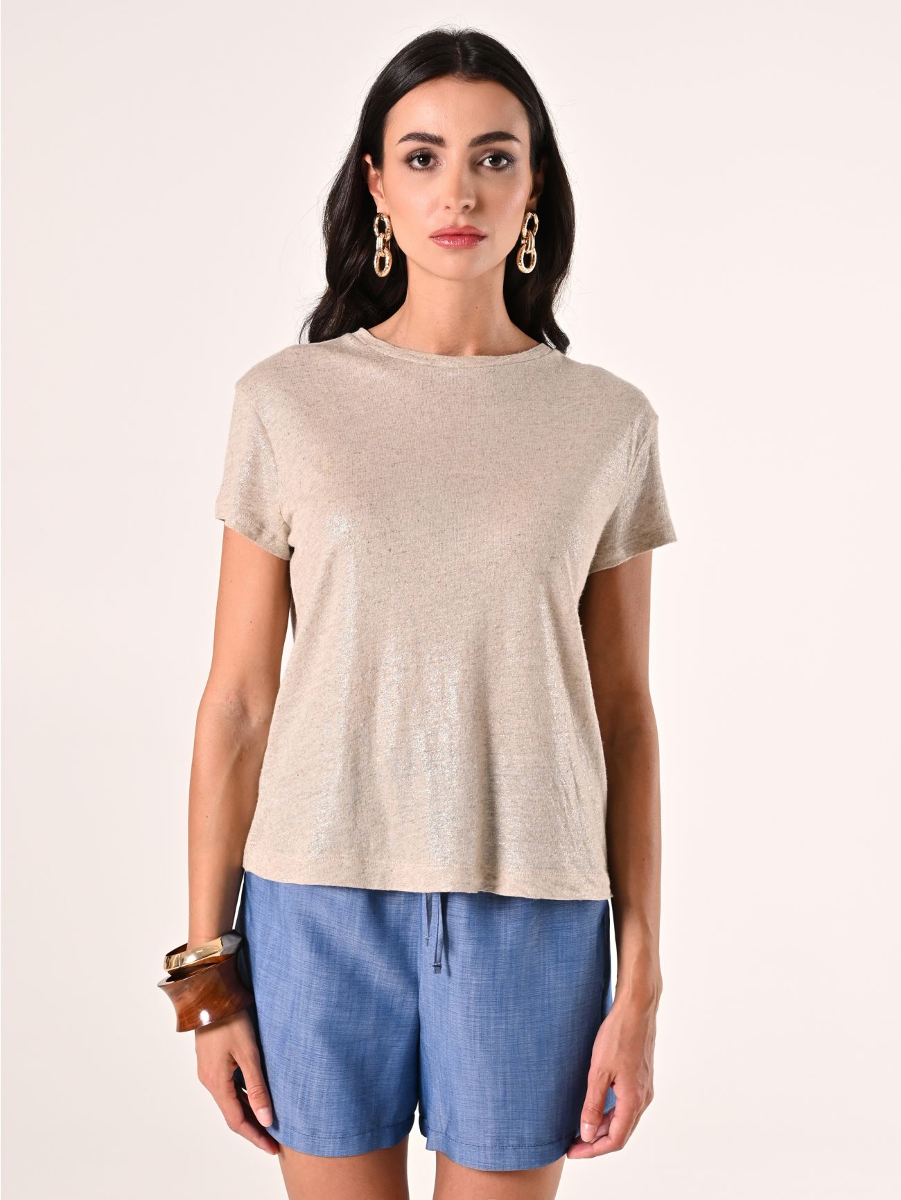 T-shirt couleur sable en lin et viscose det_2