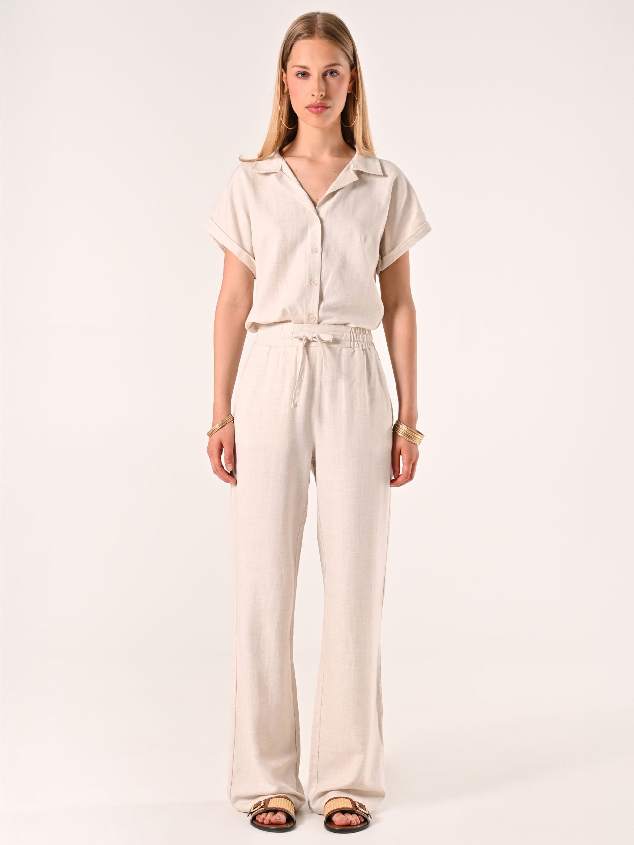 Beige Wide-leg Trousers in Linen Cotton det_1