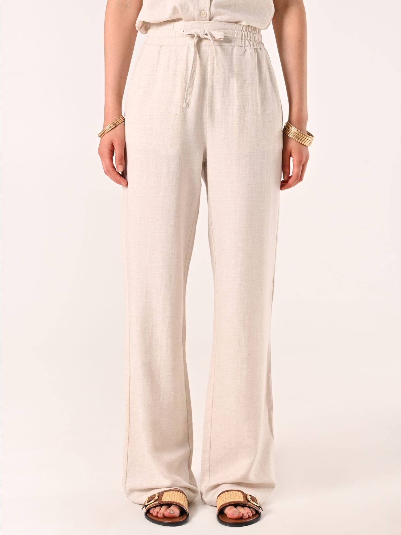 Beige Wide-leg Trousers in Linen Cotton det_2