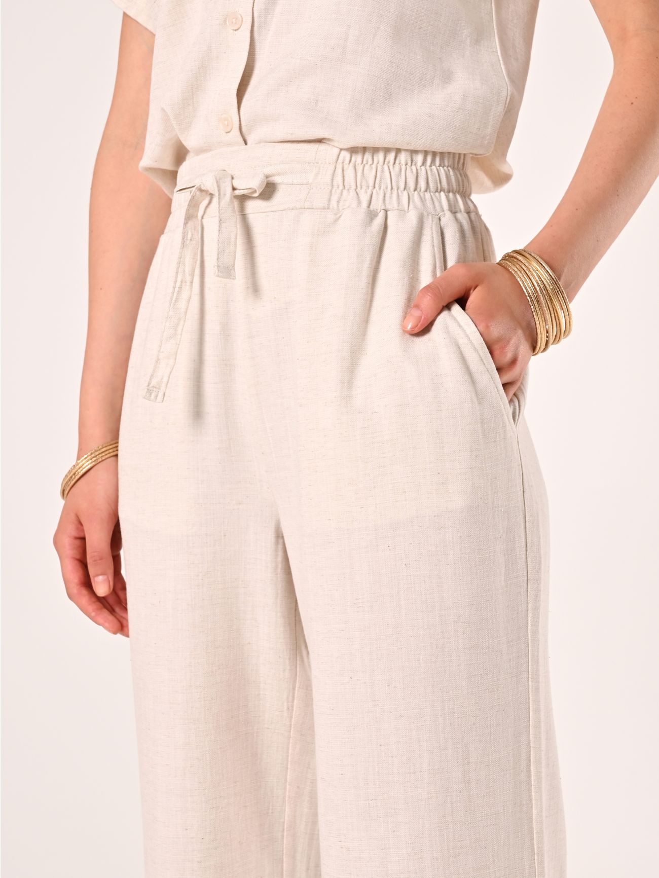 Beige Wide-leg Trousers in Linen Cotton in_i5
