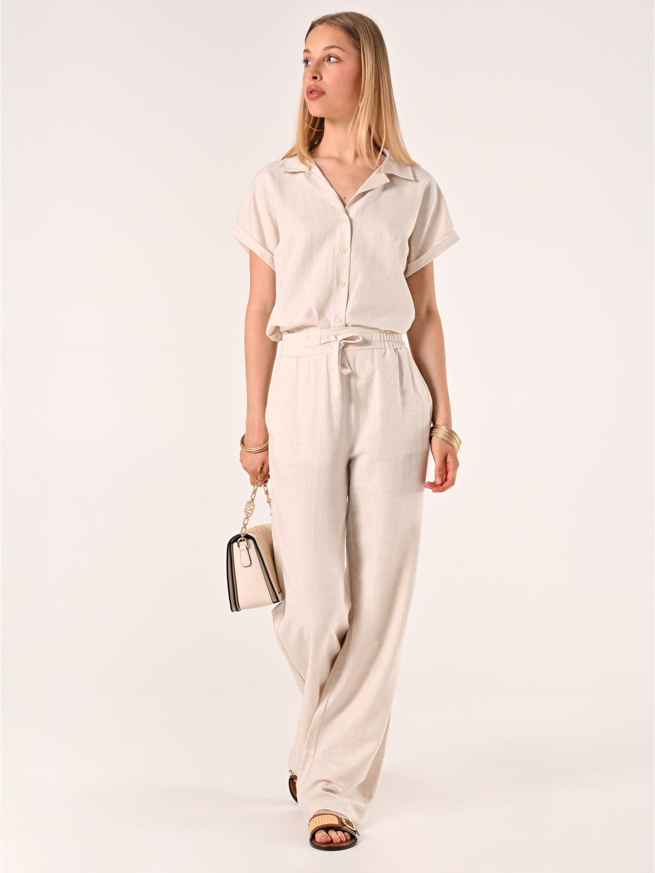 Beige Wide-leg Trousers in Linen Cotton sp_e1