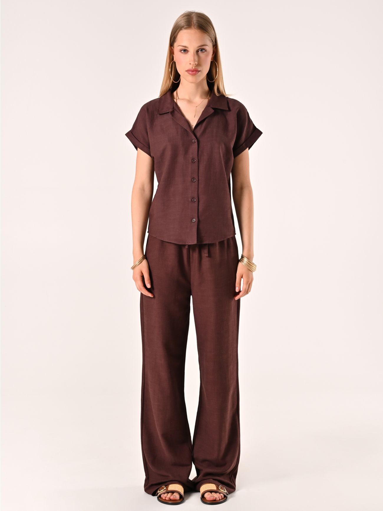 Camicia Boxy Marrone Cioccolato in Lino Cotone det_1