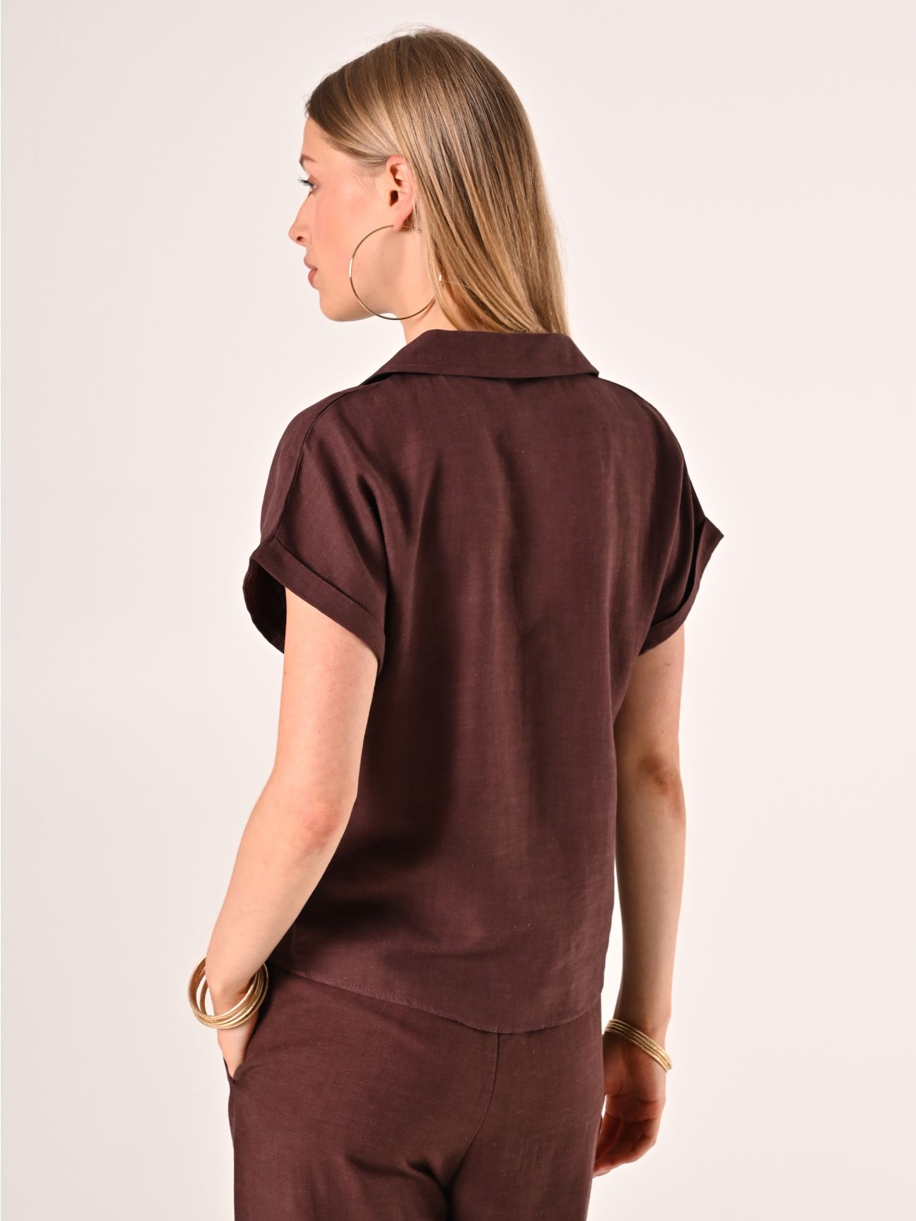 Camicia Boxy Marrone Cioccolato in Lino Cotone det_3