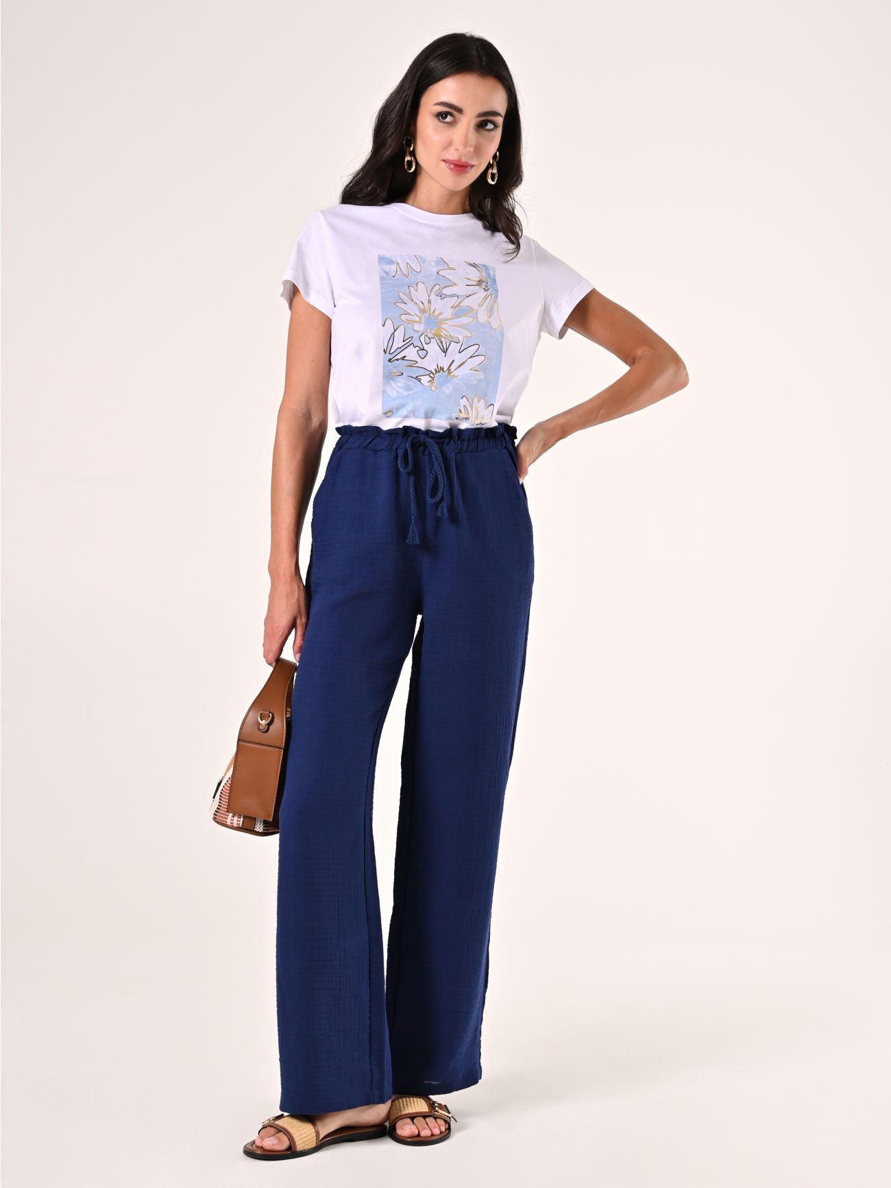 Pantalón amplio en algodón azul  Rinascimento