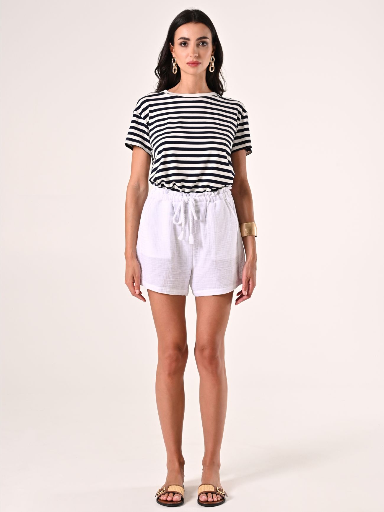 Pantaloni Ampi Corti in Cotone Bianco det_1