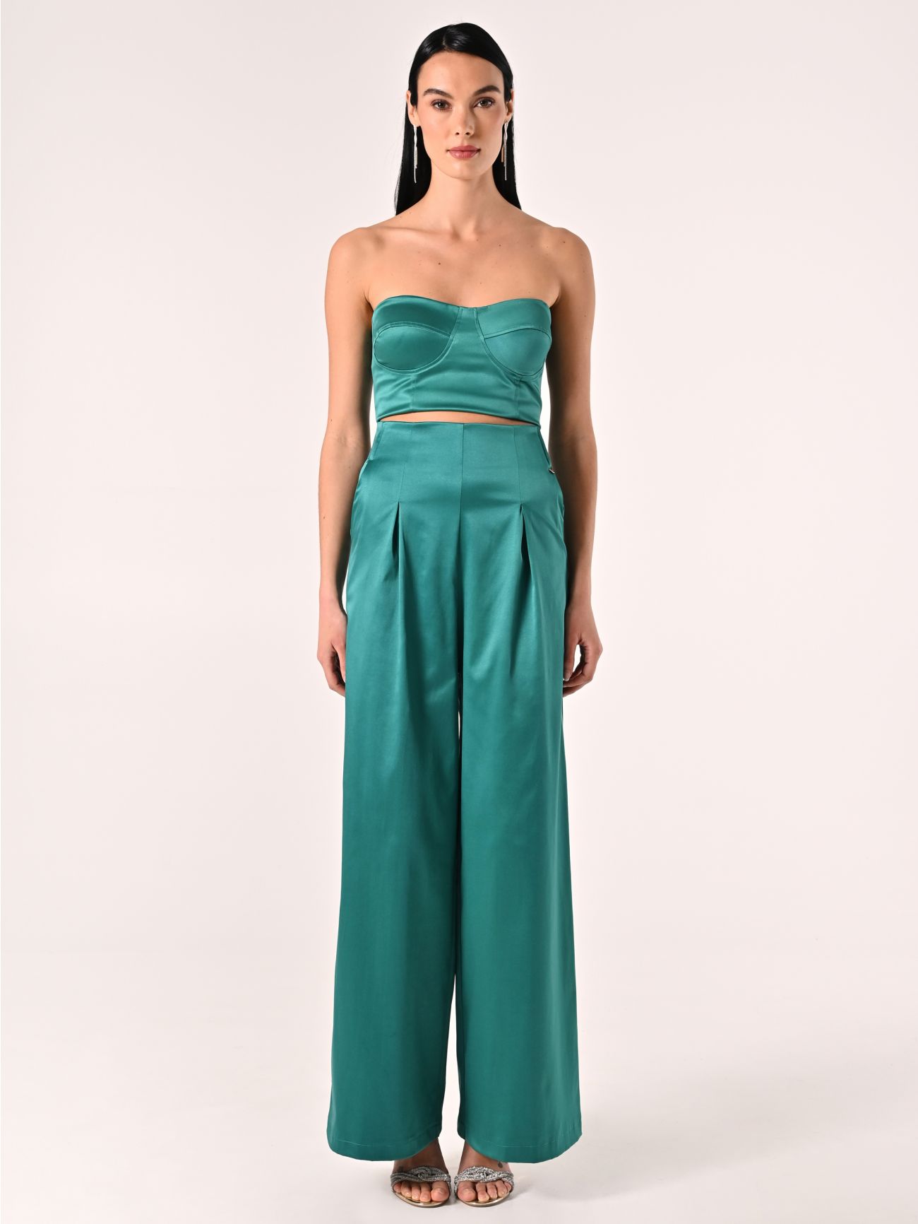 Royal Green Structured Satin Trousers det_1