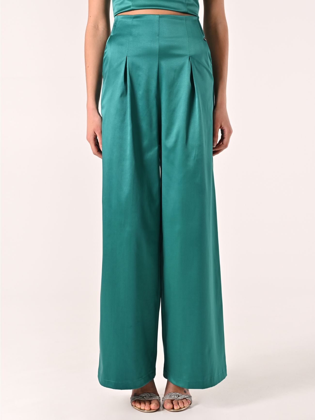Royal Green Structured Satin Trousers det_2