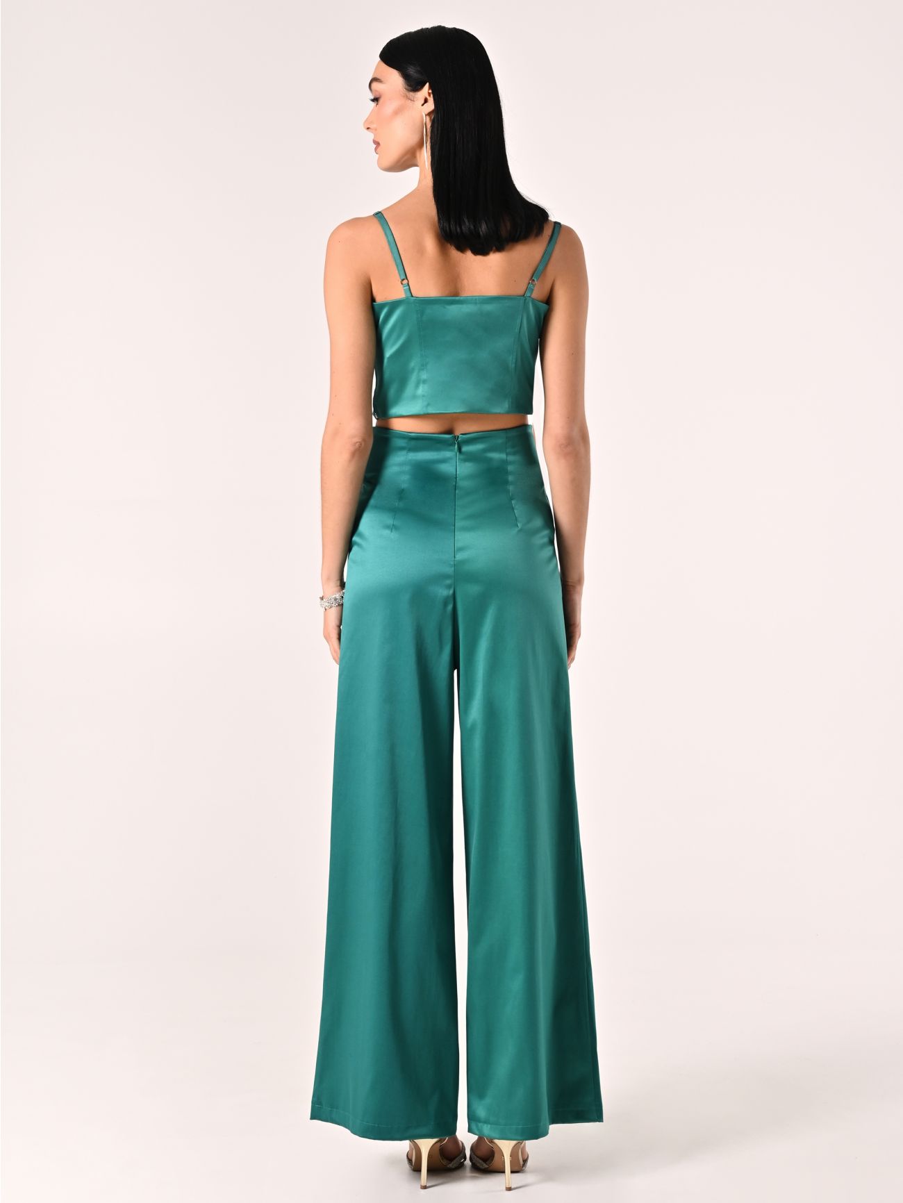 Royal Green Structured Satin Trousers det_3