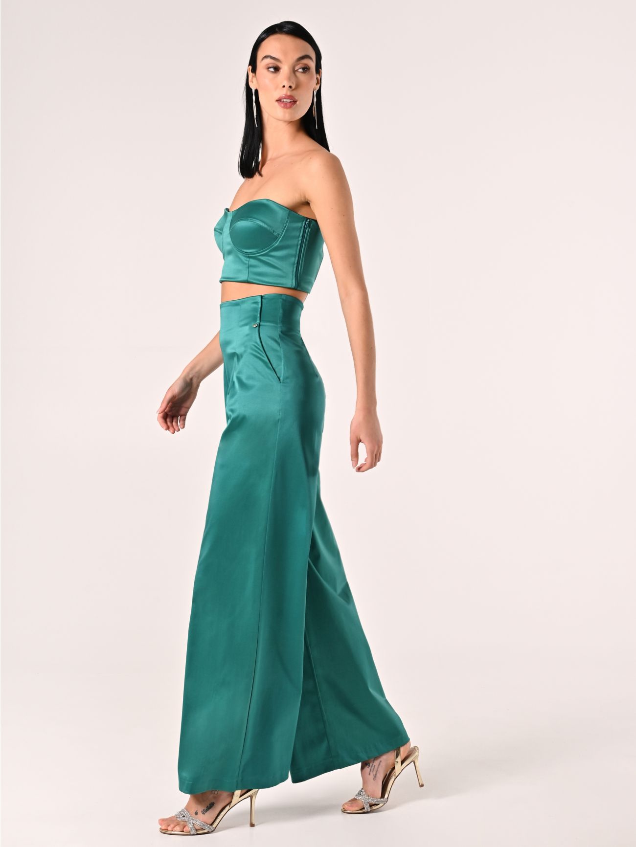 Royal Green Structured Satin Trousers in_i7