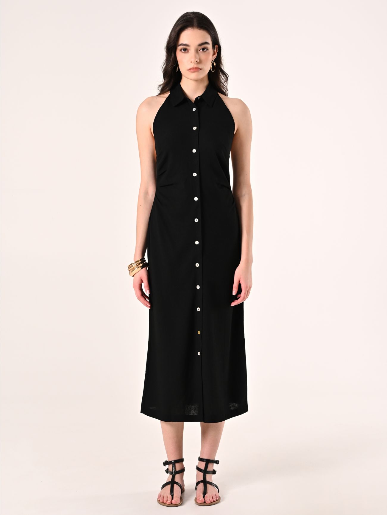 Hemdblusenkleid aus Leinen und Viskose in Schwarz det_1