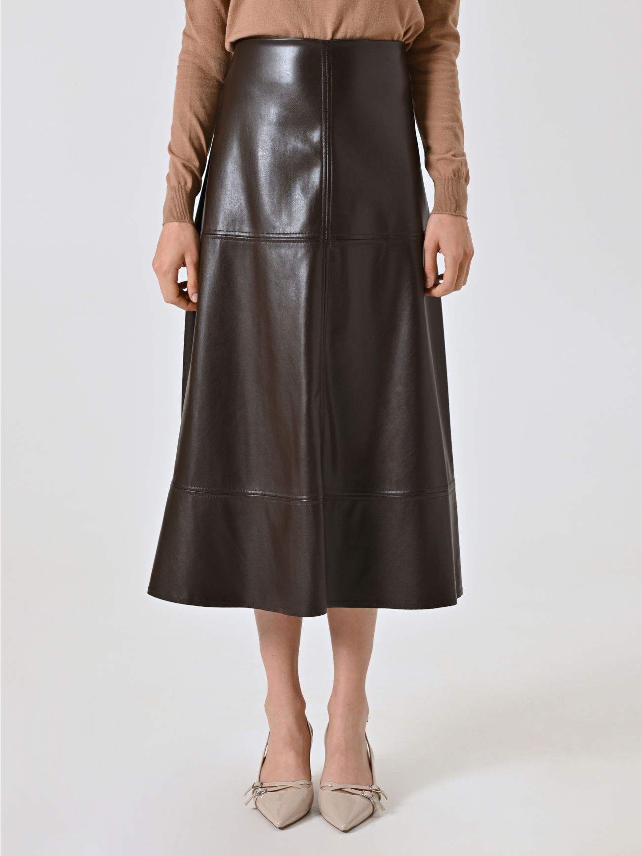 Jupe midi chocolat en simili cuir det_2