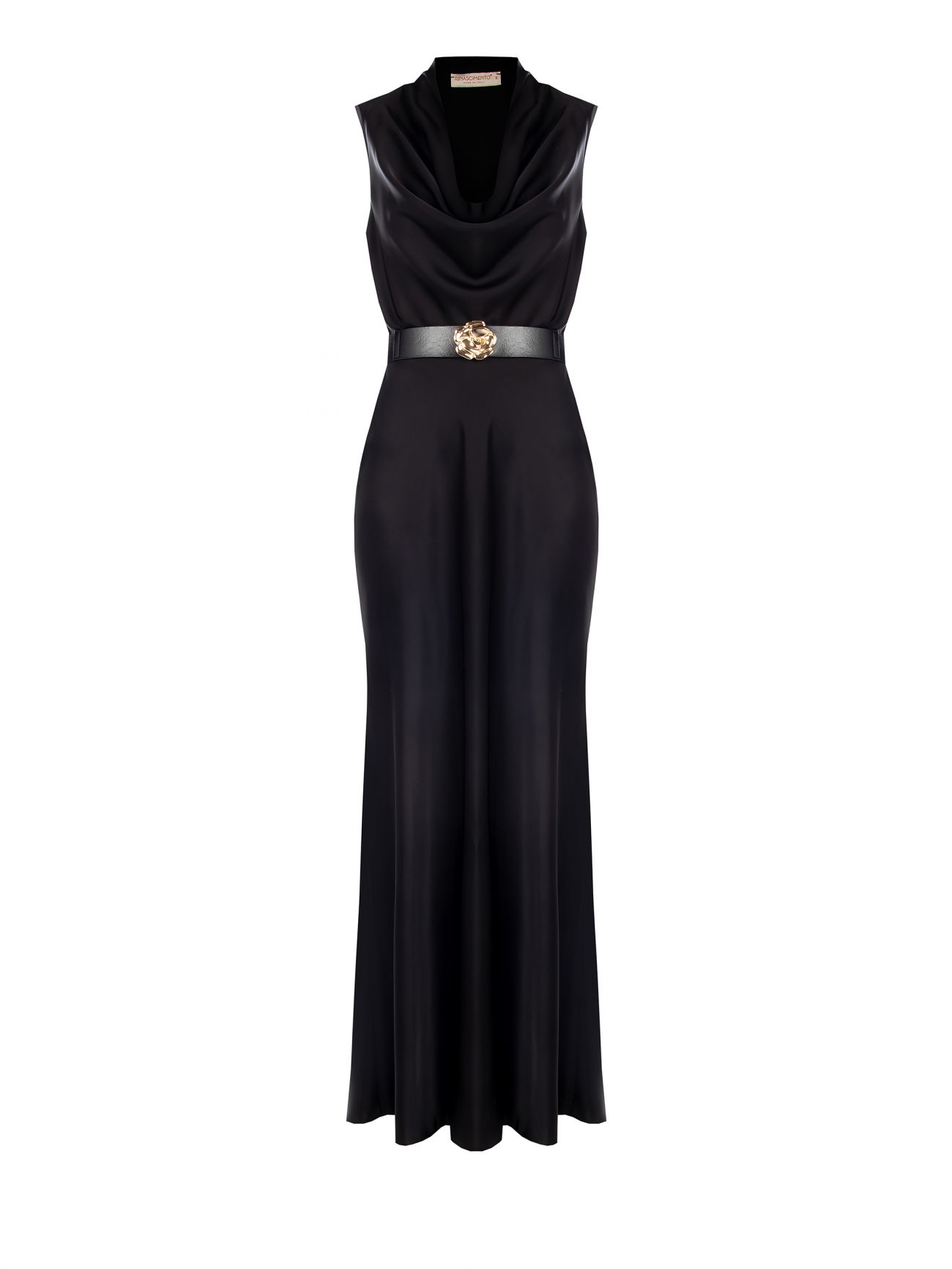 Robe longue en satin noir avec ceinture det_4