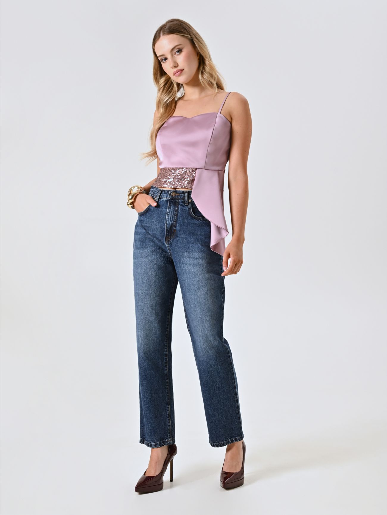 Top in Malvenrosa aus Satin mit Pailletten in_i4
