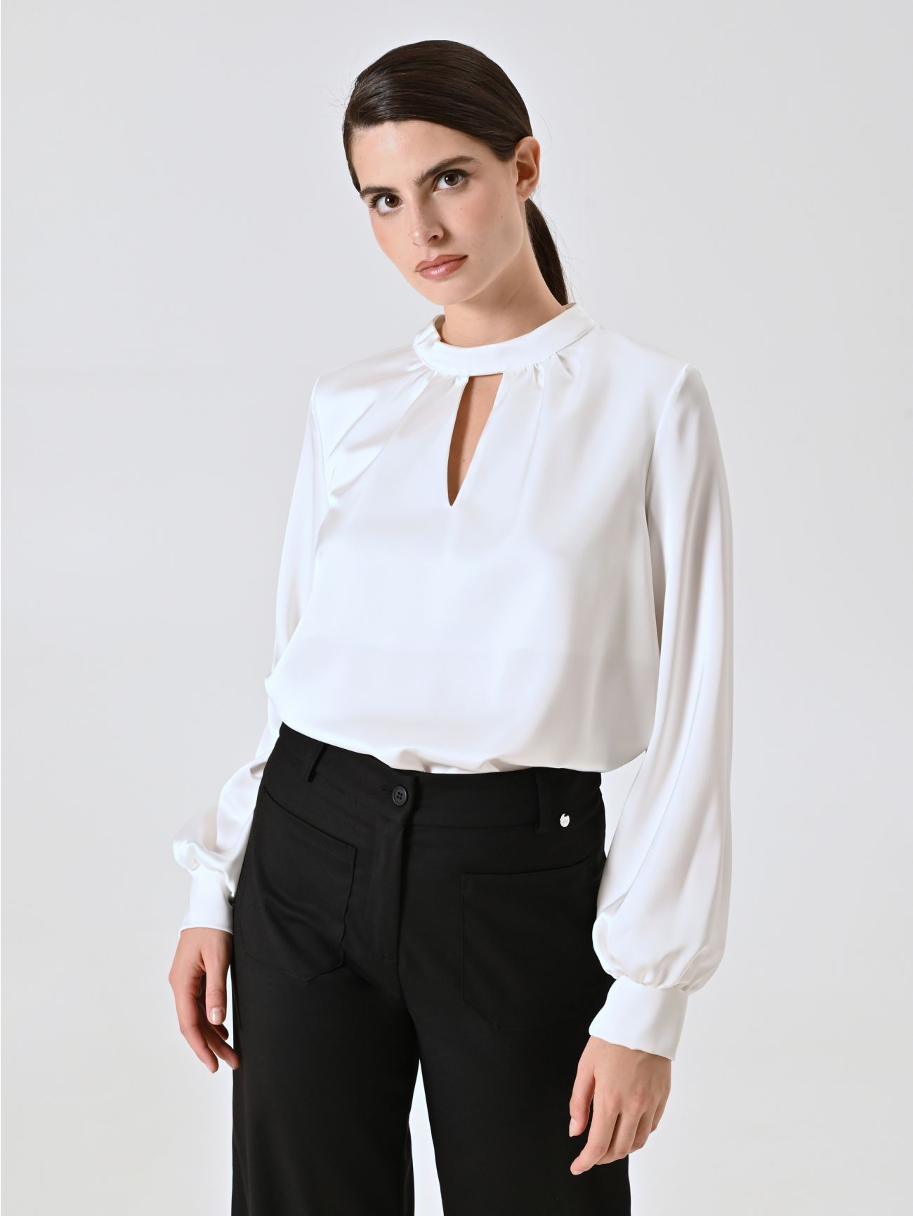 White Satin Blouse with Cut-Out Detail in_i7